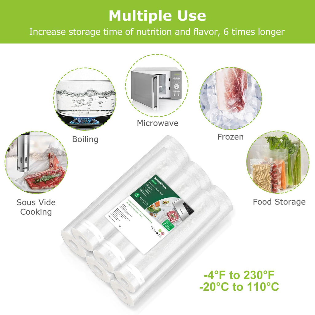 Bonsenkitchen Vacuum Sealer Bags, 6 Pack 3 Rolls 11" x 20' + 3 Rolls 8" x 20' Food Sealer Bags, Food Grade, BPA Free, Customized Size Vcuum Bag for Vac Storage, Meal Prep or Sous Vide Cooking, VB3211