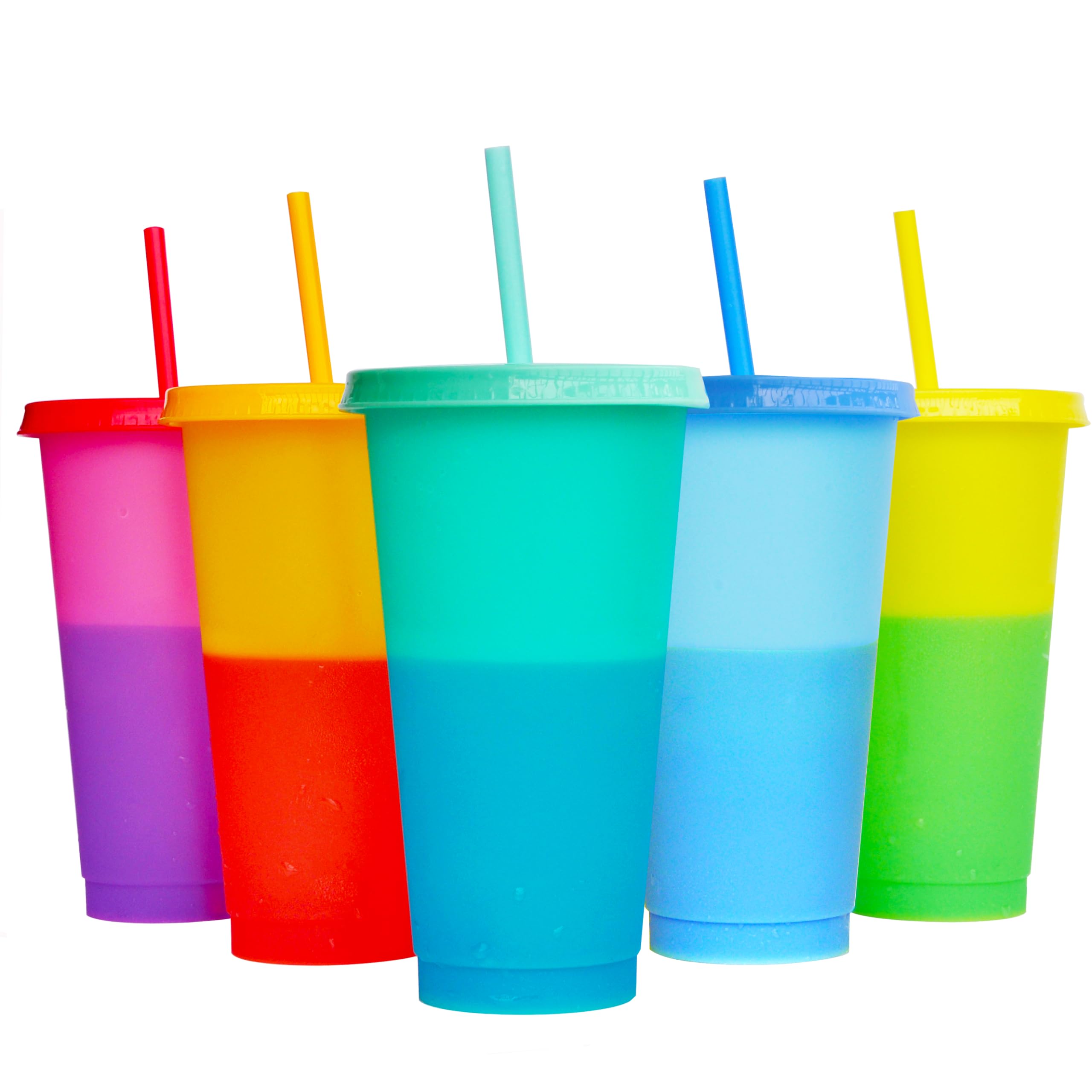 Alohastarttg Color Changing Cups, 5 Pack 24oz Plastic Tumblers, Reusable Iced Coffee & Smoothie Cups with Lids and Straws for Parties and Travel