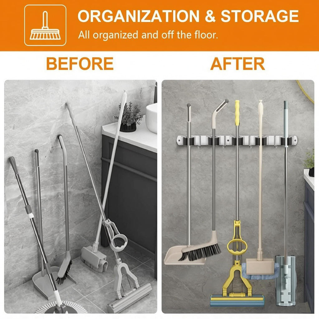 2 Pack Wall Mount Broom Holder Stainless Steel 5 Racks with 4 Hooks Broom Organizer Self Adhesive Heavy Duty Laundry Room, Garage Organization Storage