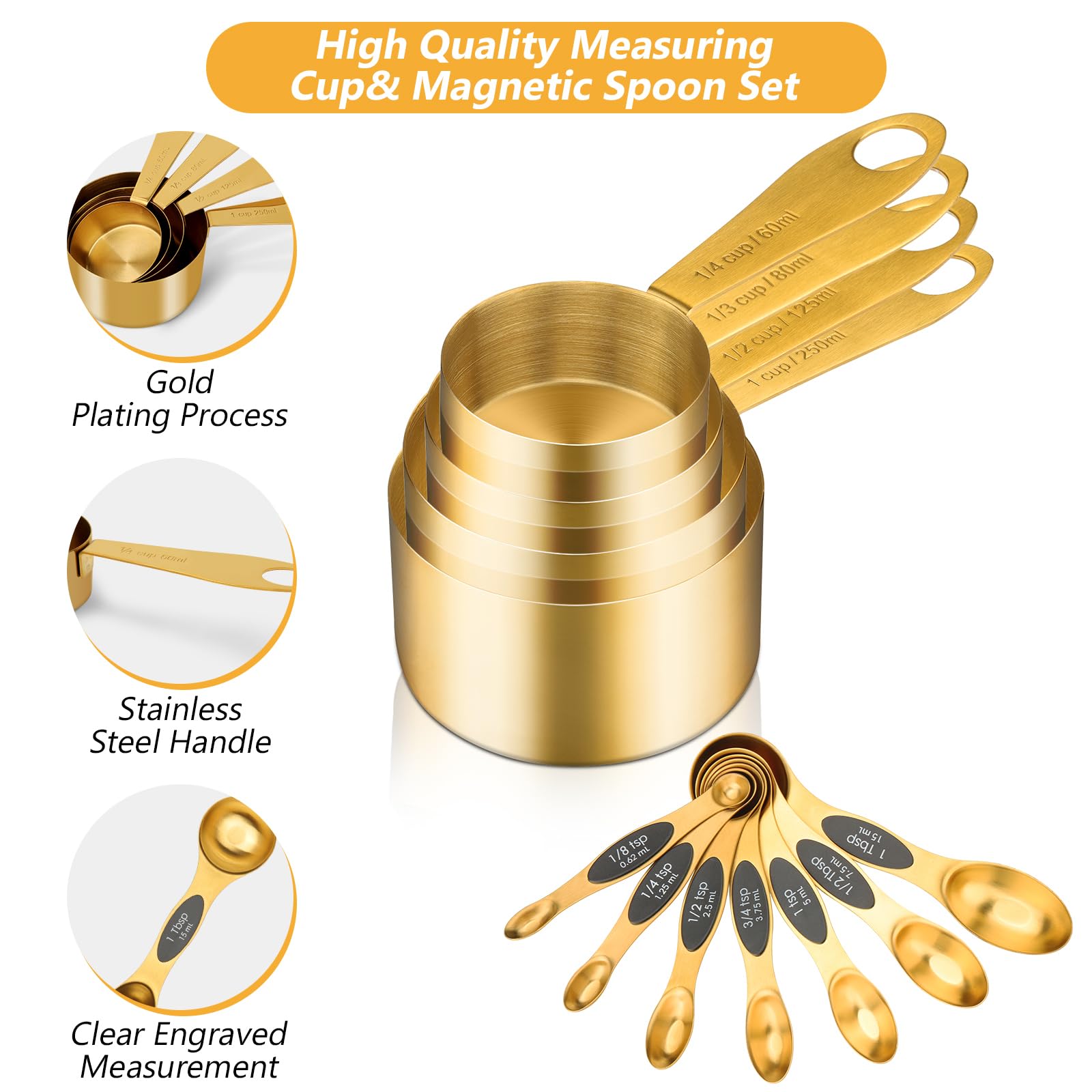 GuDoQi Gold Magnetic Measuring Spoons and Cups Set of 12, 8 Dual Sided Magnetic Measuring Spoons Set with Leveler, 4 Measuring Cups, Premium Stainless Steel, Measuring for Liquid and Dry Ingredients