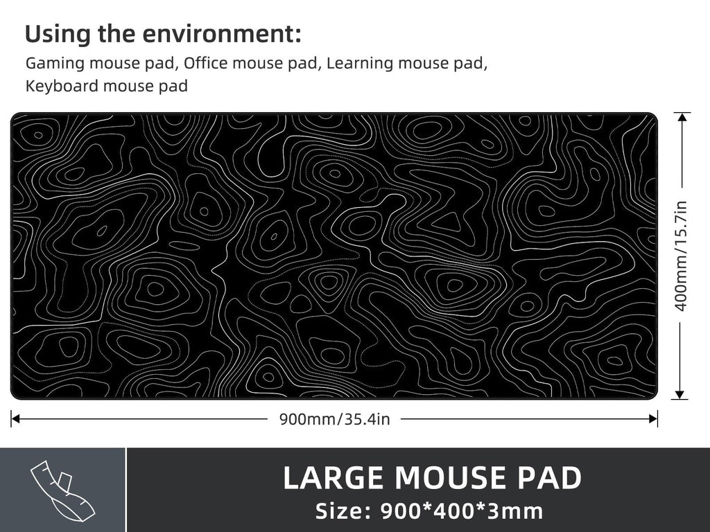 Rinaze Large Mouse Pad Desk Mat with Black Topographic, Anti-Slip Keyboard Pad with Multifunctional, Comfortable Gaming Mousepad, Office Desk Accessories for Computer, Home and Gaming
