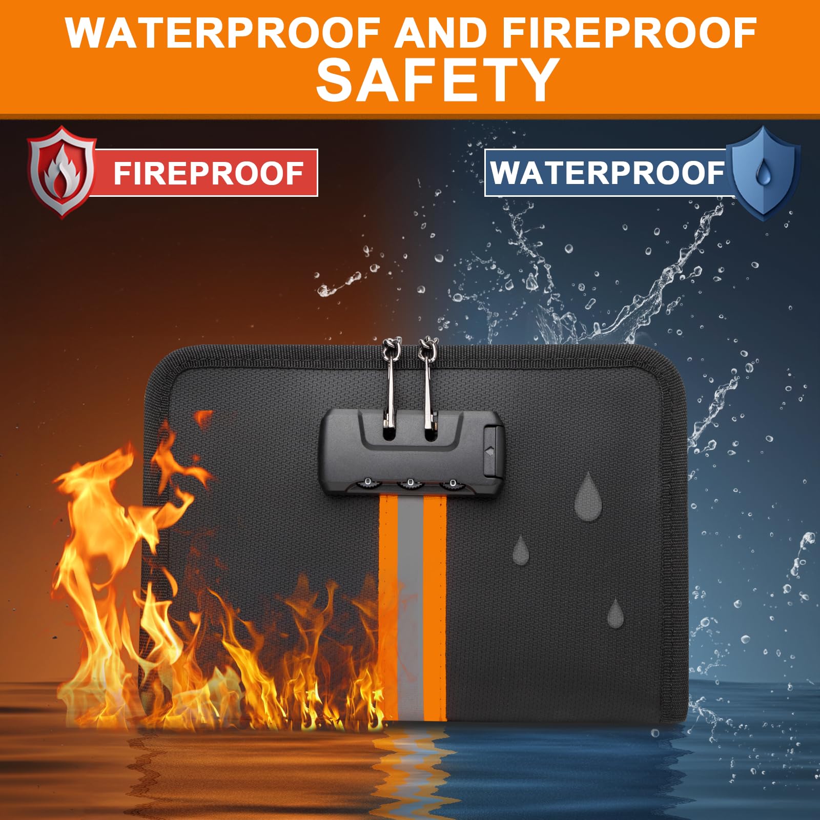 XIAODUN Fireproof Money Bag,Money Bag with Lock and Zipper,Safe Fireproof Waterproof,Suitable for Cash, Mobile Phones, Keys, Credit Cards,（8×1.1×5.7 Inches）