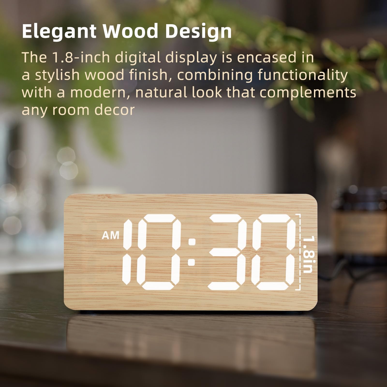 Wooden Digital Alarm Clocks for Bedrooms: Dimmable Dual Alarm Clock with Large Numbers for Bedside Desk - Bamboo