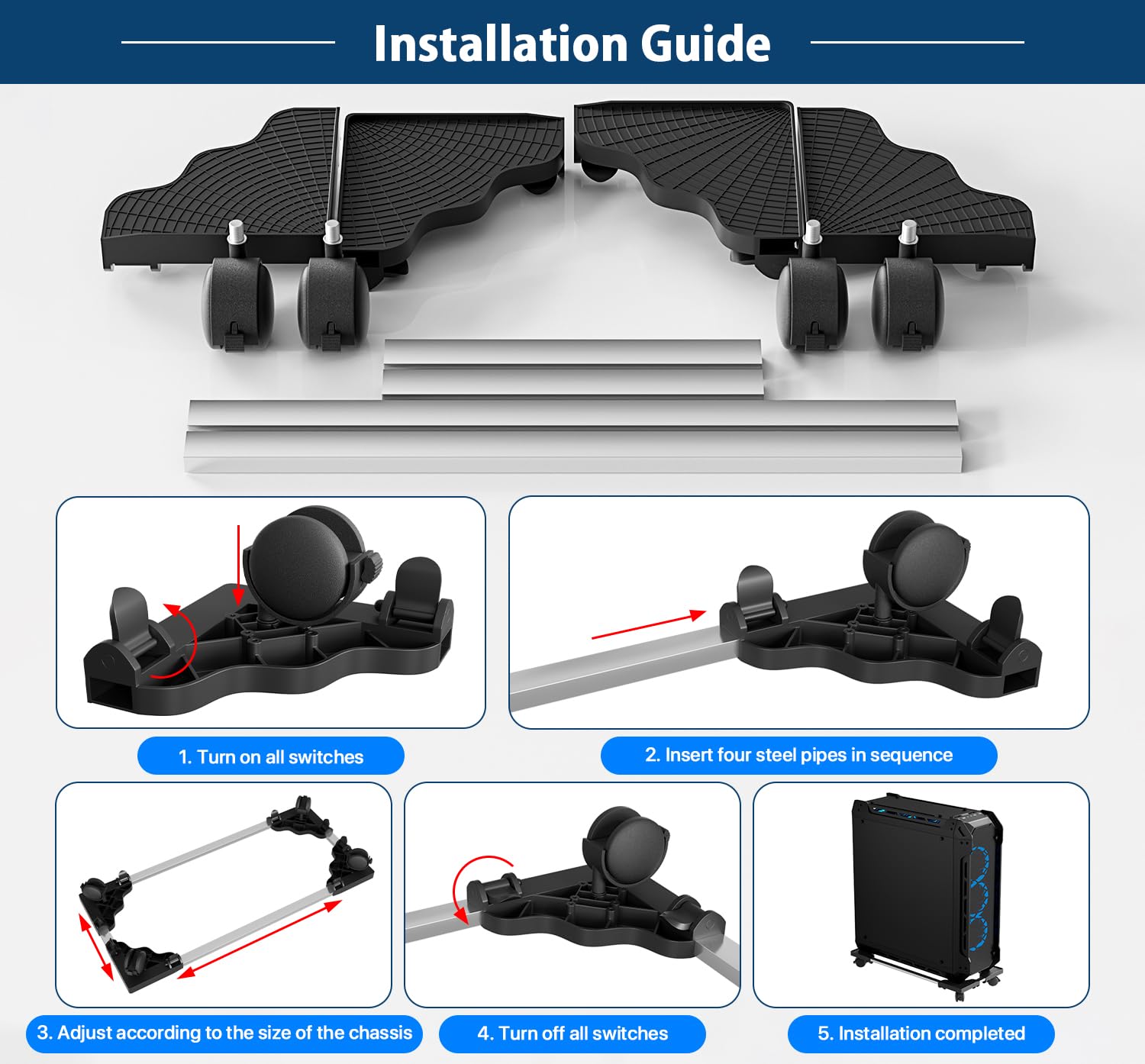 Computer Tower Stand Universal Adjustable Rolling PC Tower Stand with 4 Casters | Space-Saving Mobile CPU Fits Most Computer Cases Under Desk