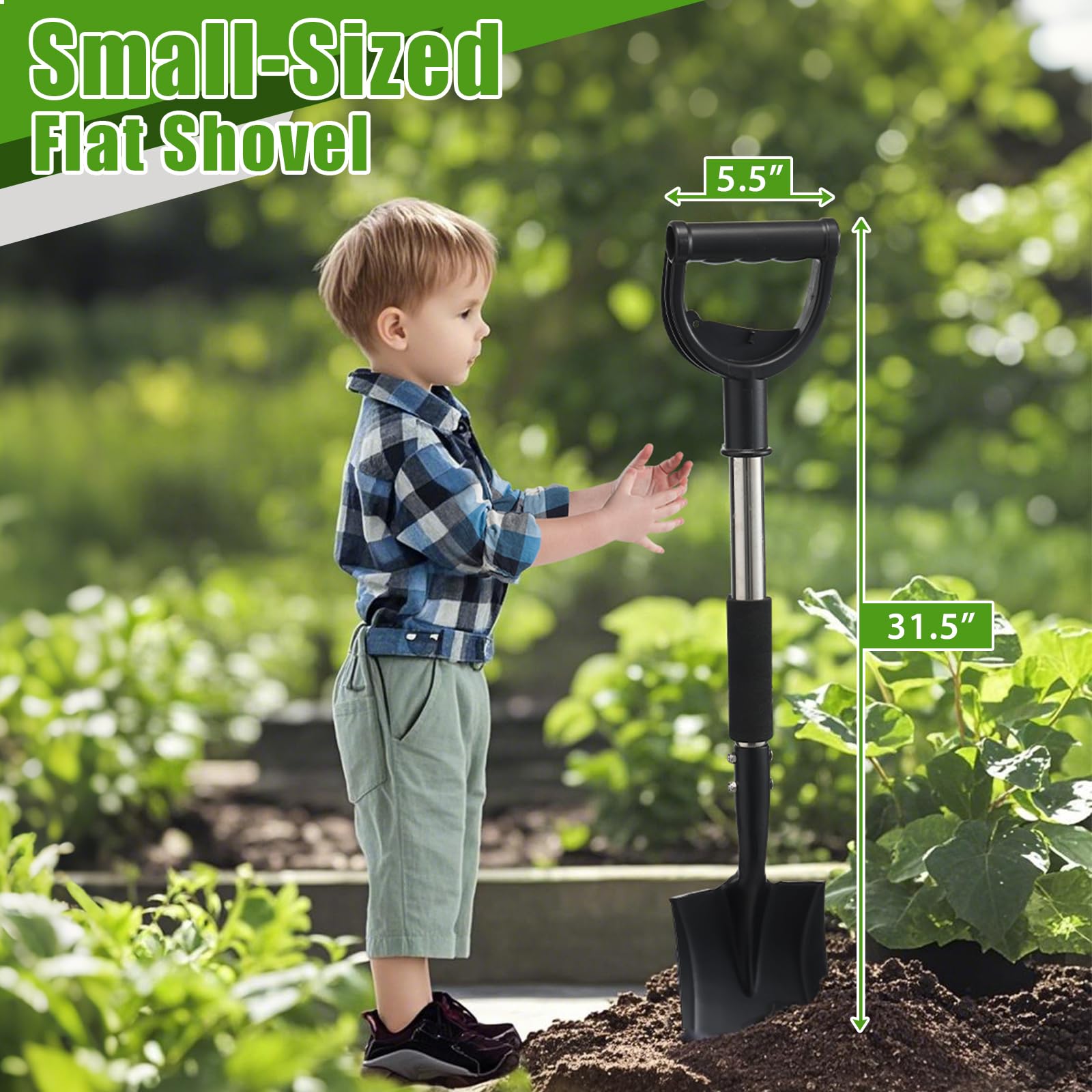 Garden Flat Shovel, 31 Inch Small Metal Square Shovel for Lawn Edging Digging Trenching Transplanting, Heavy Duty Compact Gardening Spade with D Handle for Beach Sand, Kids, Car, Light Work