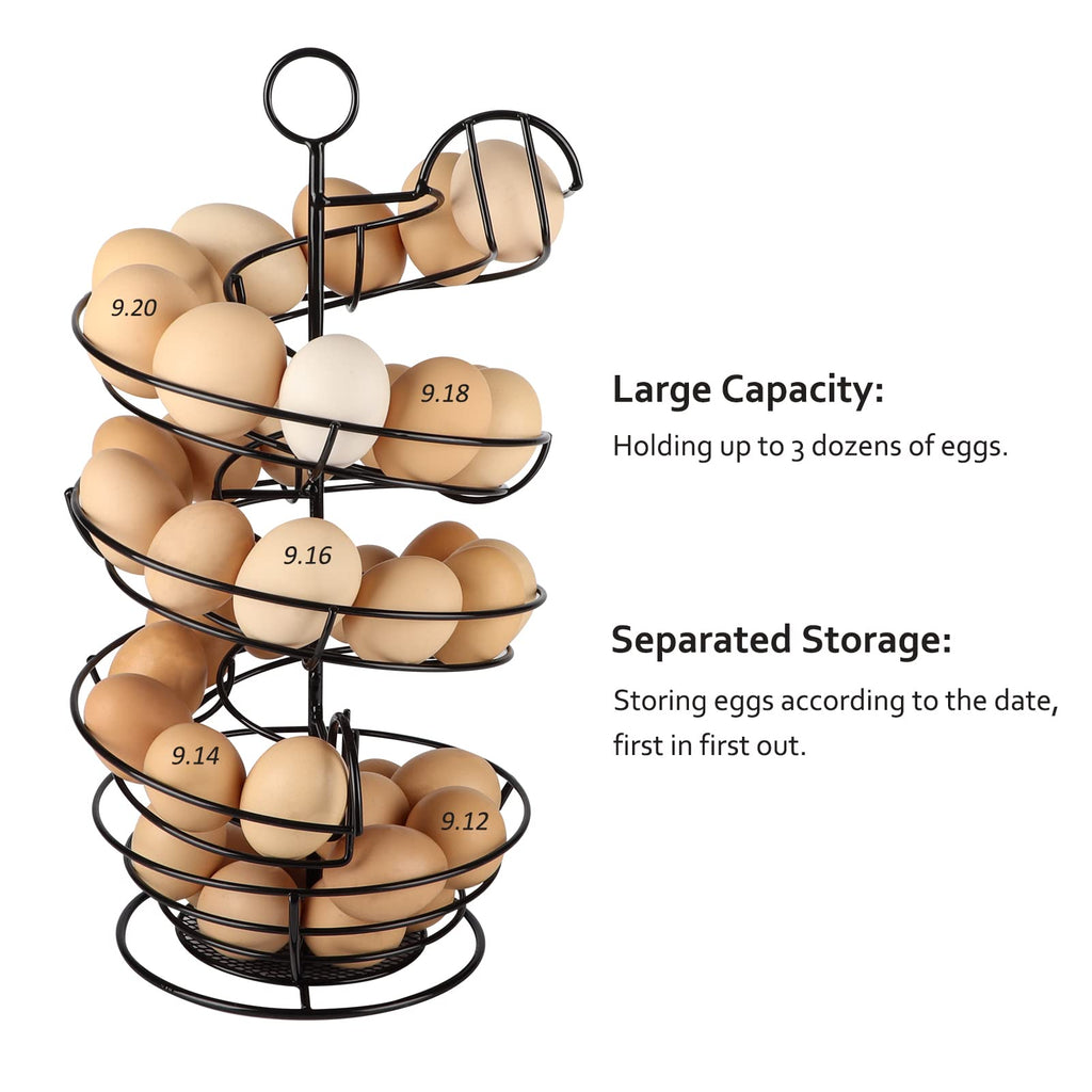 QUTREY Black Metal Egg Skelter, Spiral Design Egg Dispenser Rack Holder with Storage Basket for Countertop, Kitchen