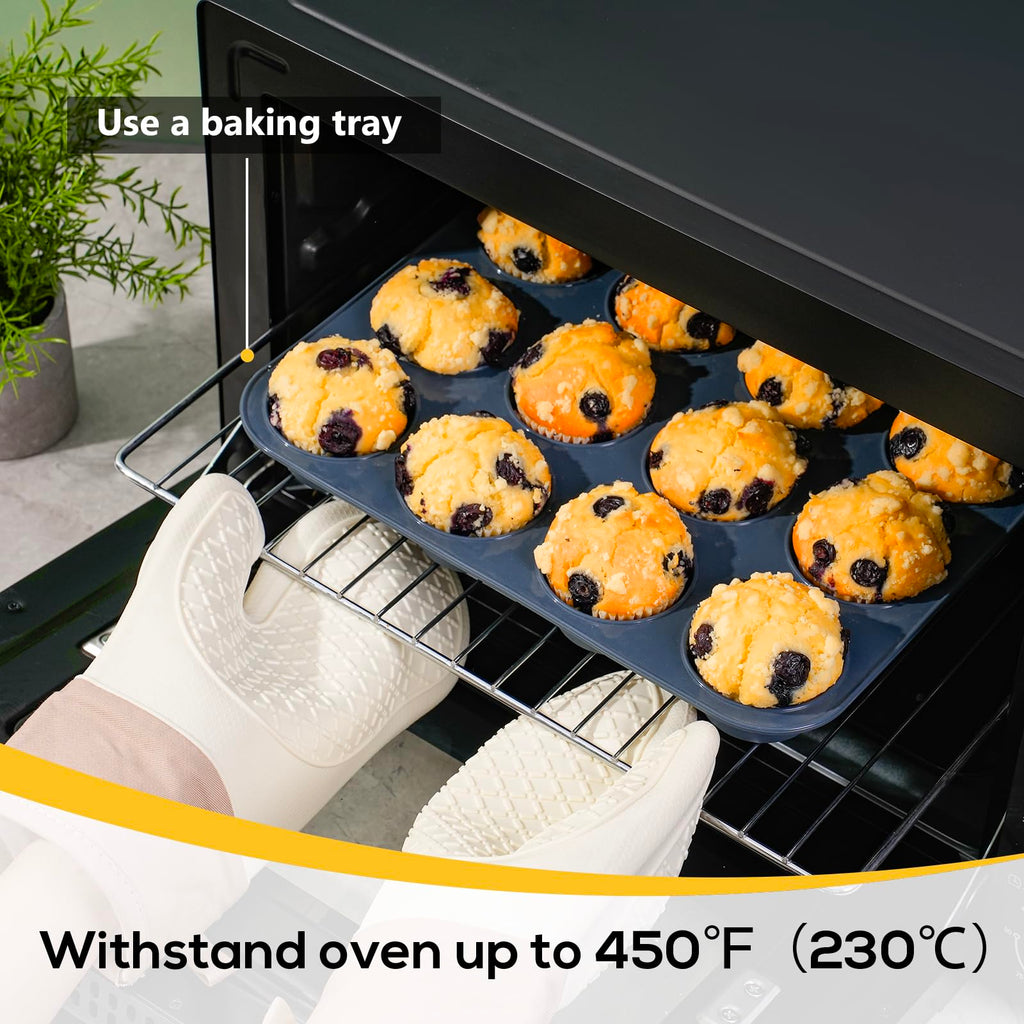 Vnray 2 Pack Silicone Muffin Baking Pan & Cupcake Tray 12 Cup - Nonstick Cake Molds/Tin, Silicon Bakeware, BPA Free, Dishwasher & Microwave Safe by Vnray (12 Cup Size, Grey)