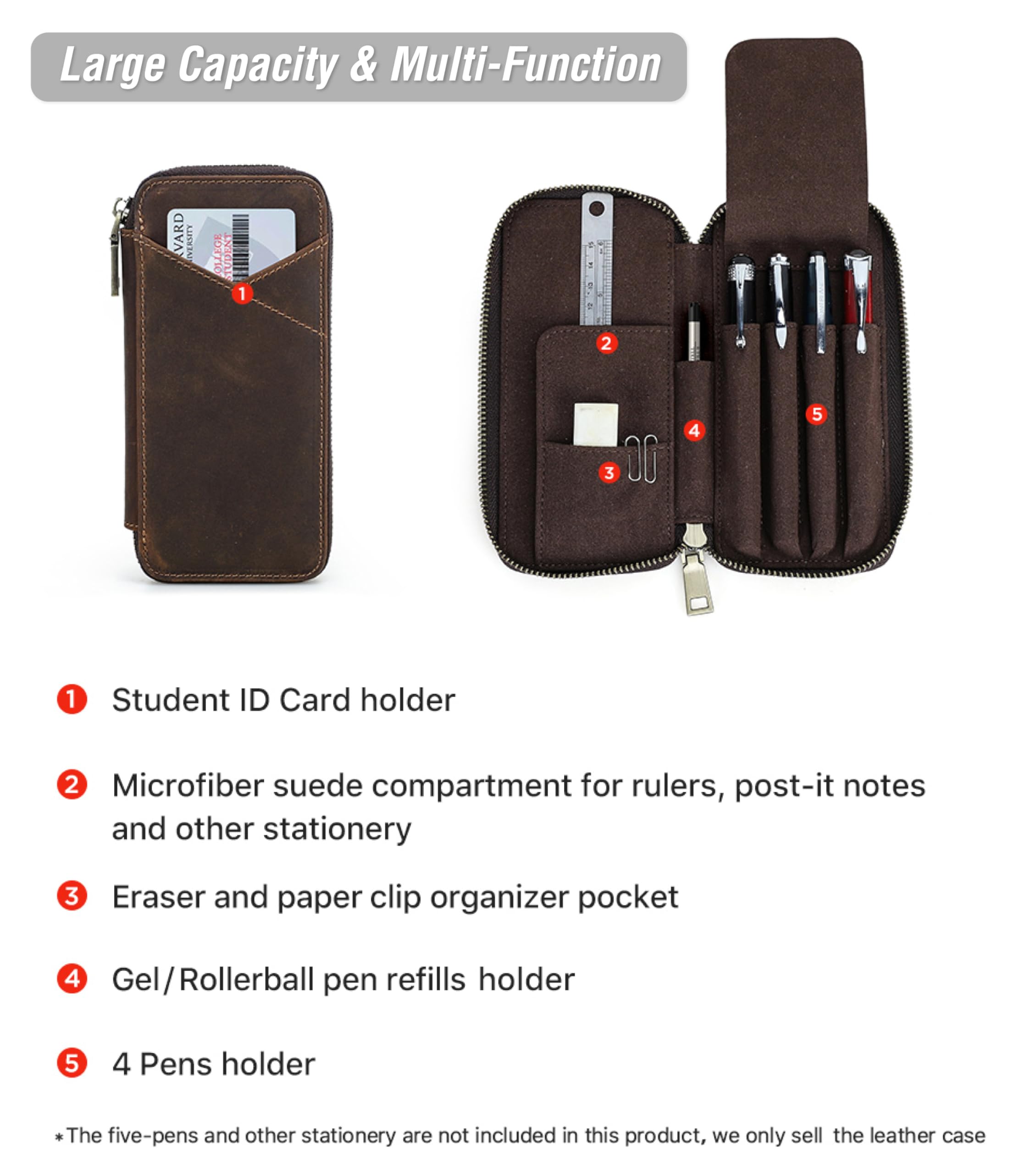 CataPurus Top Grain Genuine Leather 4 Fountain Pen/Pencil Case Pouch, Handmade Minimalist Design, Zipper Closure with Multi-Function & Slots, Gift Choice for Man/Woman/Office, Matte Coffee, 4 Slots