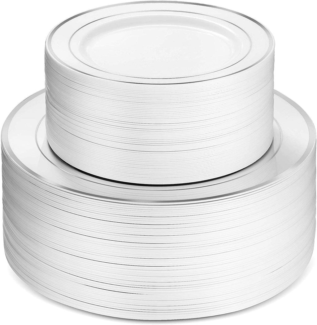 60Pcs Plastic Party Plates White Silver Rim, 30 Premium Heavy Duty 10.25 Inch Dinner Plates and 30 Disposable 7.5 Inch Dessert Appetizer Elegant Fancy Heavy Duty Wedding Plates