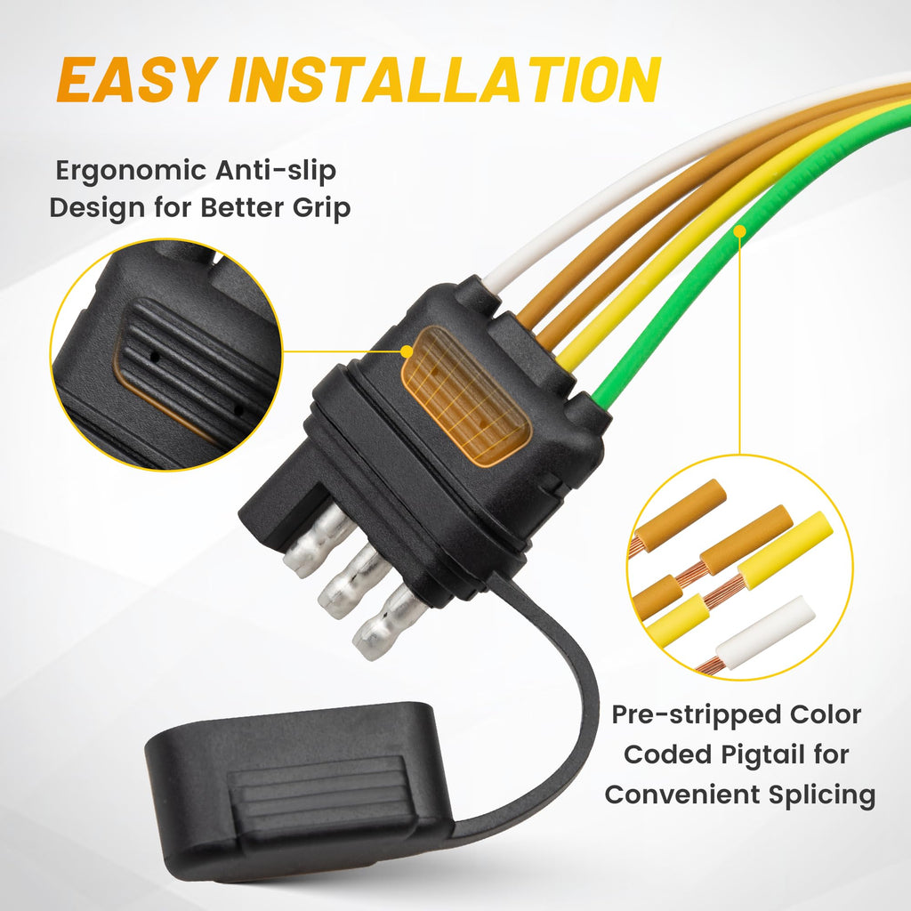 Oyviny 4 Pin 5 Wire Trailer Wiring Harness 18 Inches, 16AWG Pure Copper Wishbond Trailer Light Wiring for Utility Rewiring Both-Side Taillights 4 Way Flat Replacement Plug