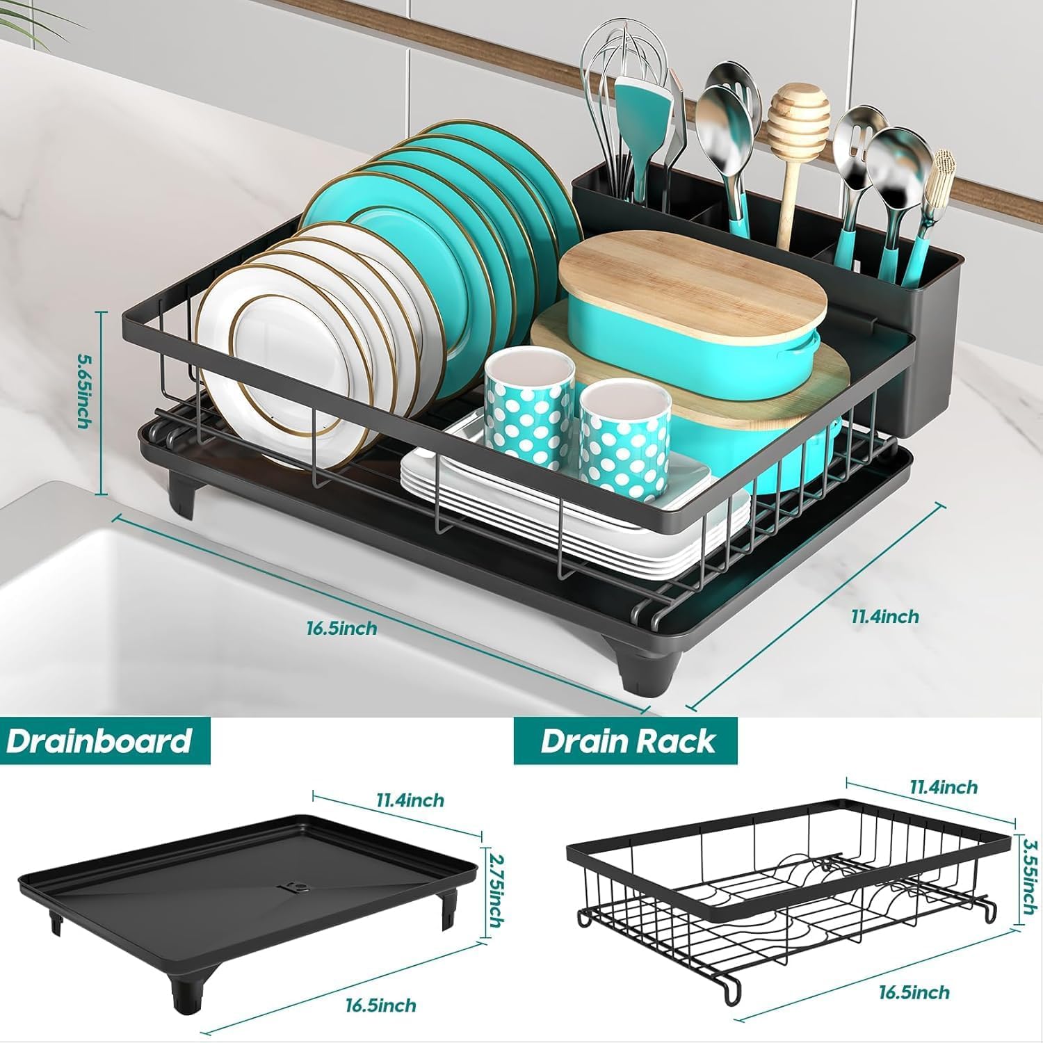 MERRYBOX Dish Drying Rack - Dish Racks with Drainboard for Kitchen Counter, Compact Stainless Steel Dish Drainer with Widened Leak-Proof Spout, Large 3-Compartment Utensil Holder, Easy Installation