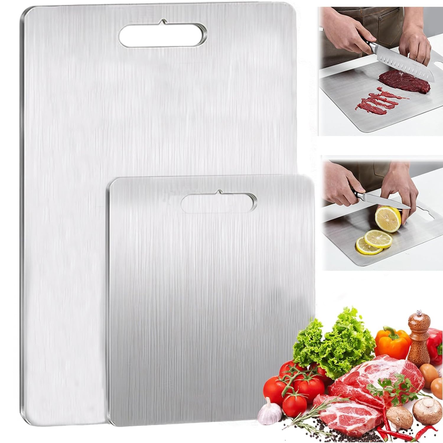2-Pack Stainless Steel Cutting Board for Kitchen, Double-Sided Food-Grade 304 Chopping Board, Large for Meat, Small for Vegetables & Fruit, BPA-Free, Dishwasher Safe, Durable