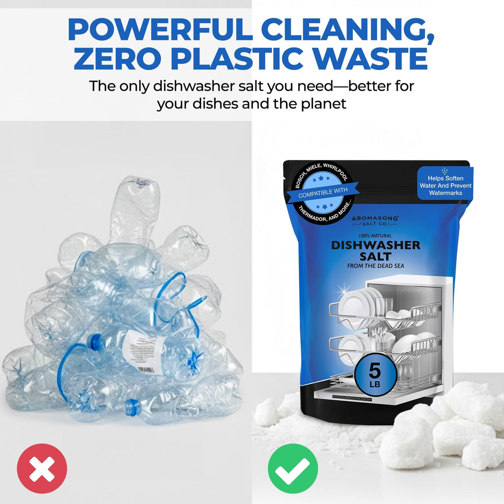 Aromasong Dishwasher Salt 5 LB - 100% Natural Water Softening Agent for Cleaner Dishes & Washer Reactivation - Compatible with Bosch, Miele, Whirlpool, Thermador, and more.
