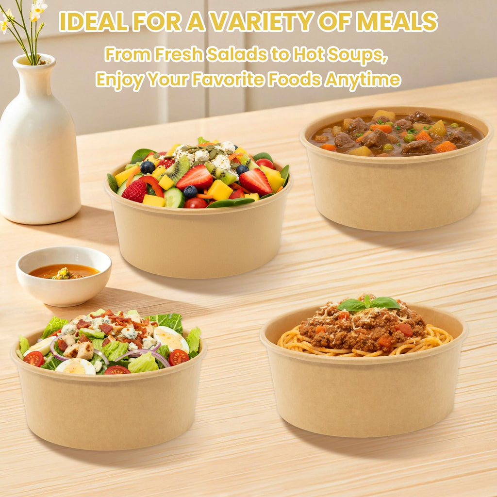 50 Count 36 oz Large Disposable Paper Bowls with Lids, Salad Containers for Lunch, Paper Meal Prep Containers for Hot & Cold Food, Soup, Ramen, Salad