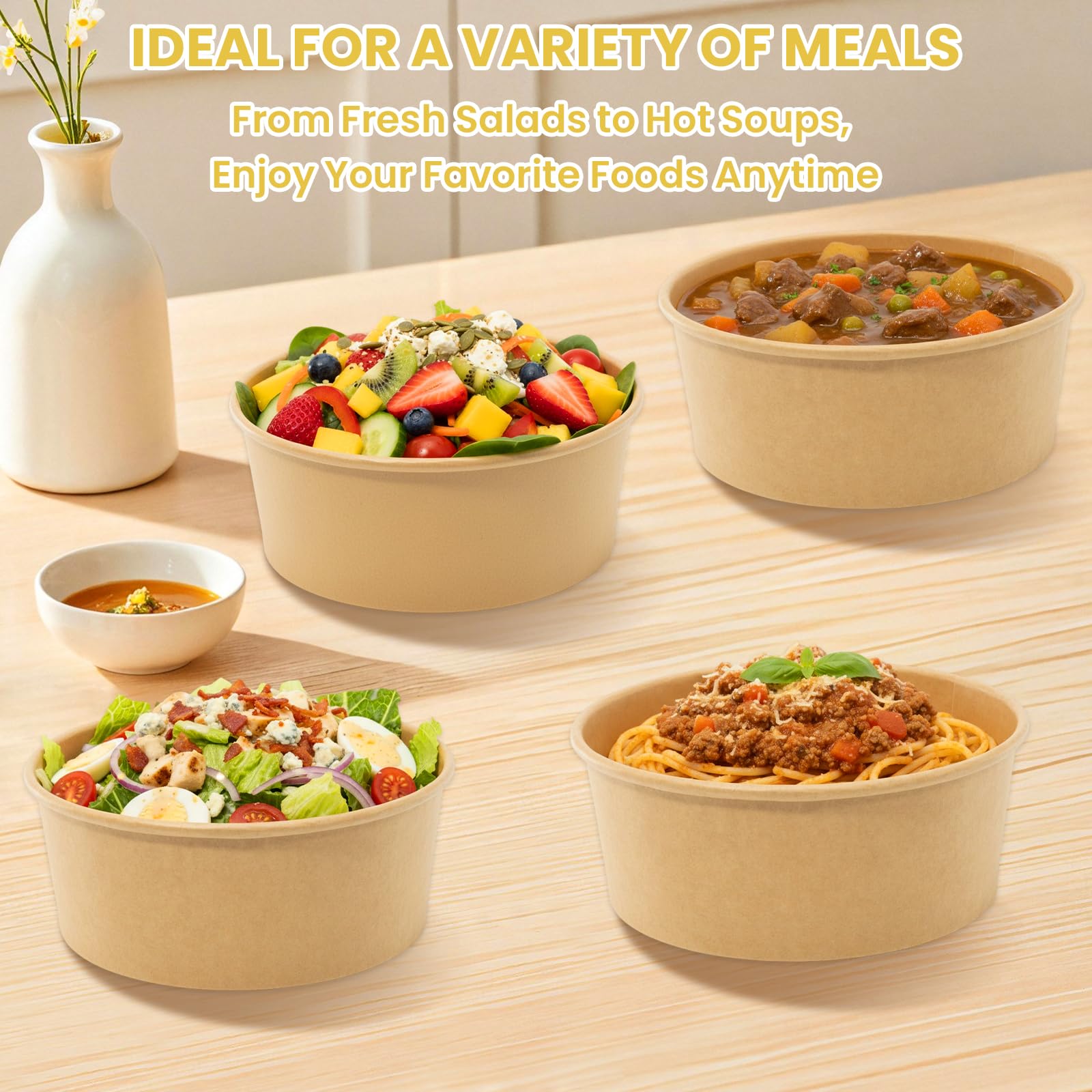 50 Count 36 oz Large Disposable Paper Bowls with Lids, Salad Containers for Lunch, Paper Meal Prep Containers for Hot & Cold Food, Soup, Ramen, Salad