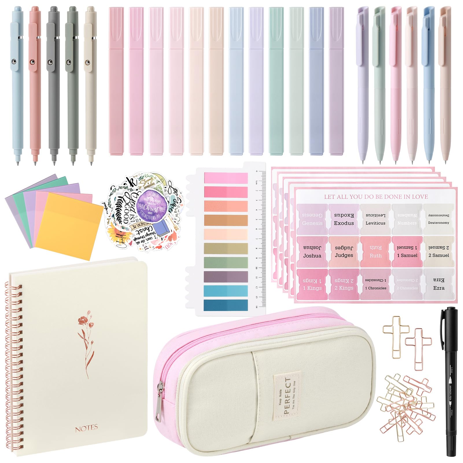 Bible Journaling Study Supplies with Highlighters, Pens, Pencil Case, Notebook, Tabs, Stickers, Cross Paper Clips - Complete Bible Journaling Kit, Christian Gifts for Women, Annotation Kit (Pink)