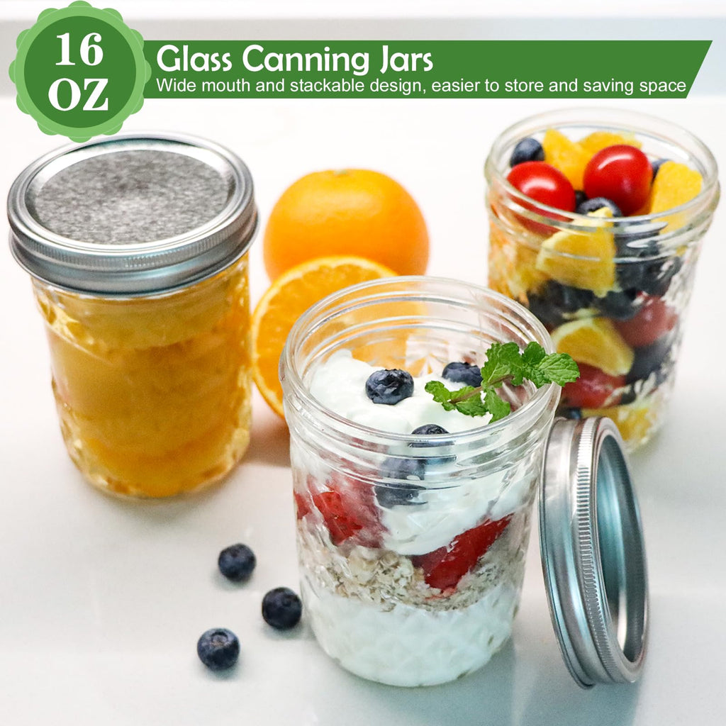 Wide Mouth Mason Jars, 16 oz Glass Canning Jars with Metal Lids and Bands, Set of 6