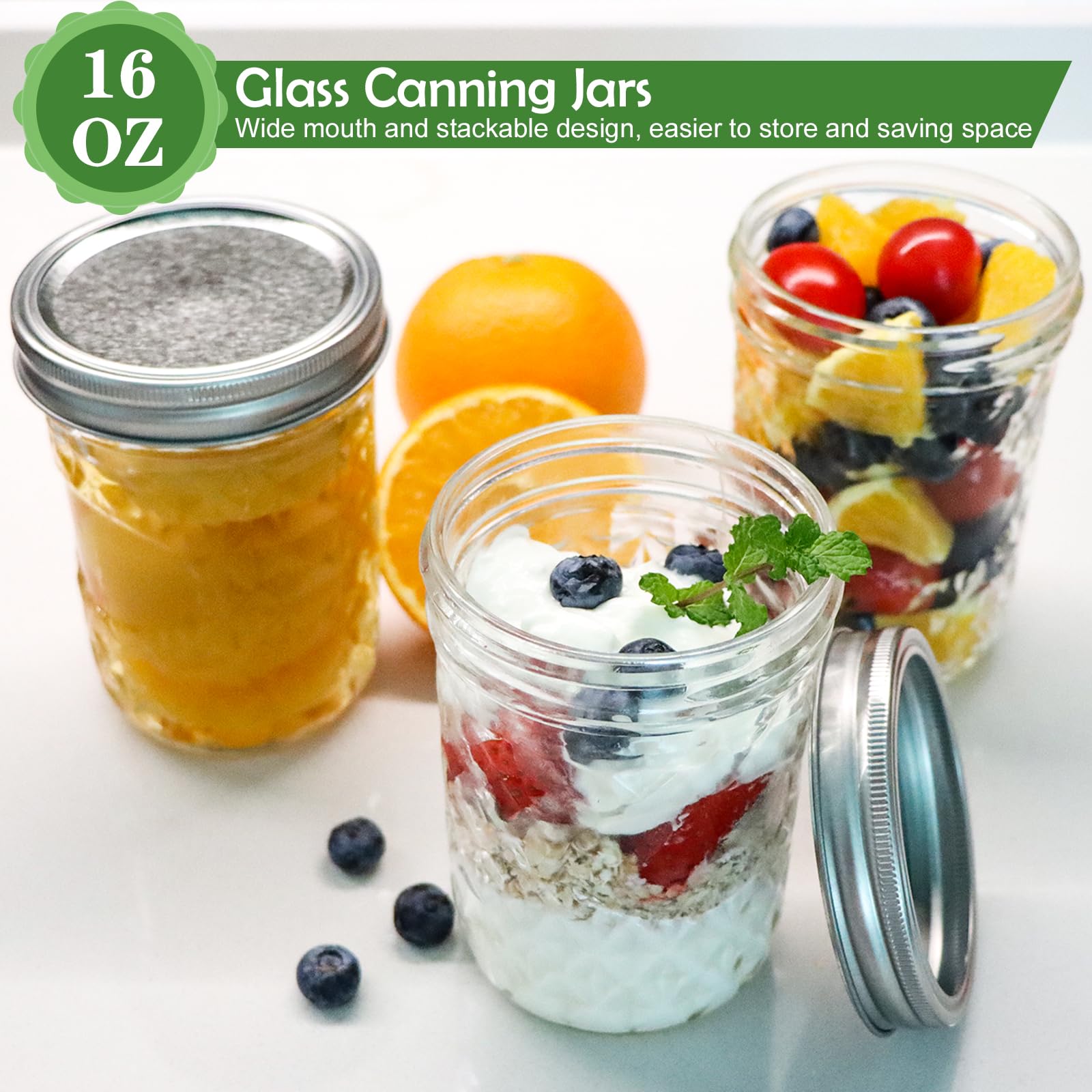 Wide Mouth Mason Jars, 16 oz Glass Canning Jars with Metal Lids and Bands, Set of 6