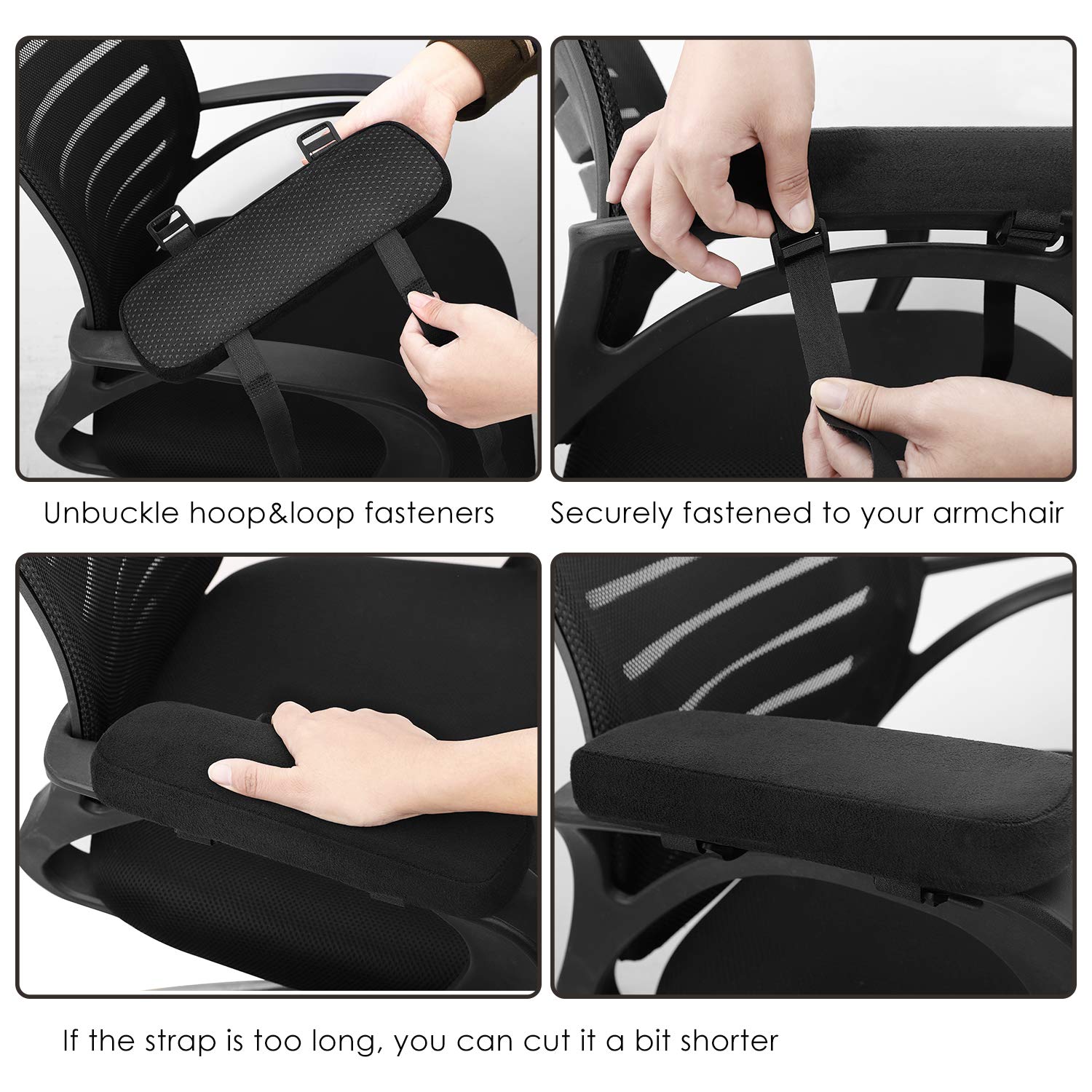 MoKo Chair Armrest Pads, Set of 2 Office Ergonomic High Density Foam Soft Elbow Pillow Cushion for Forearm Pressure Relief Adjustable Universal Padded Chair Armrest Cover - Black