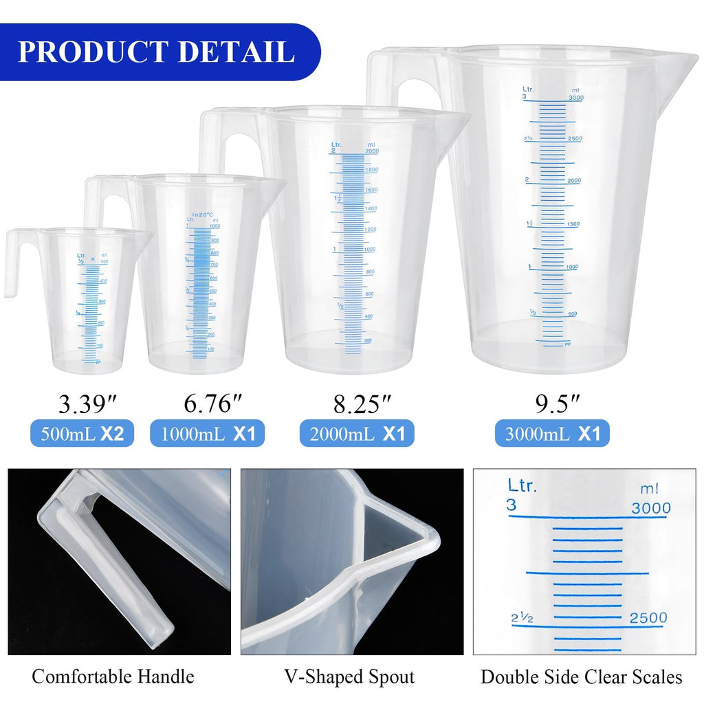 Supkiir 5Pcs Plastic Graduated Measuring and Mixing Pitchers, 3000/2000/1000/500ml Food Grade PP Shatterproof Pouring Cups for Paint Resin Epoxy Kitchen Lab Cooking Baking Ingredients
