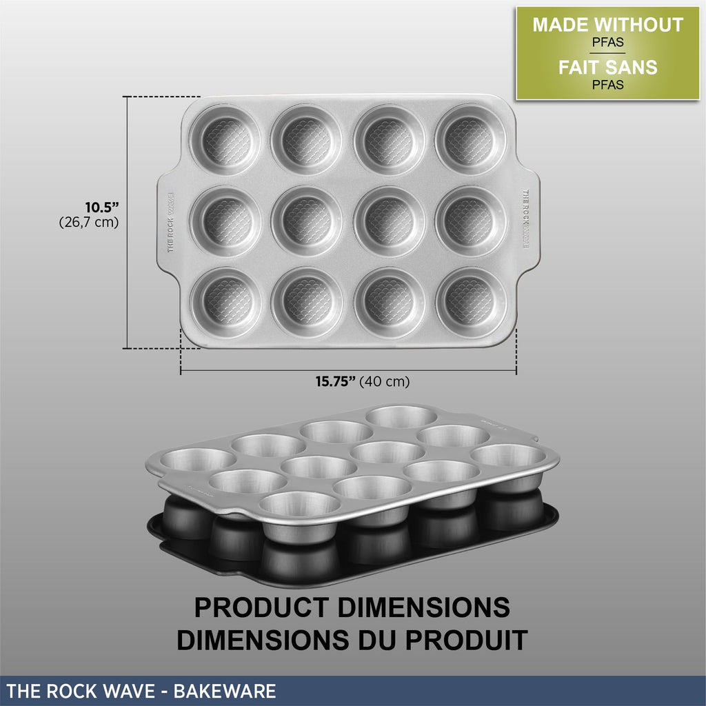 Starfrit The Rock Wave 12 Cup Non-Stick Muffin Pan - Durable Carbon Steel - Oven Safe - PFOA Free - Easy to Clean - Silver