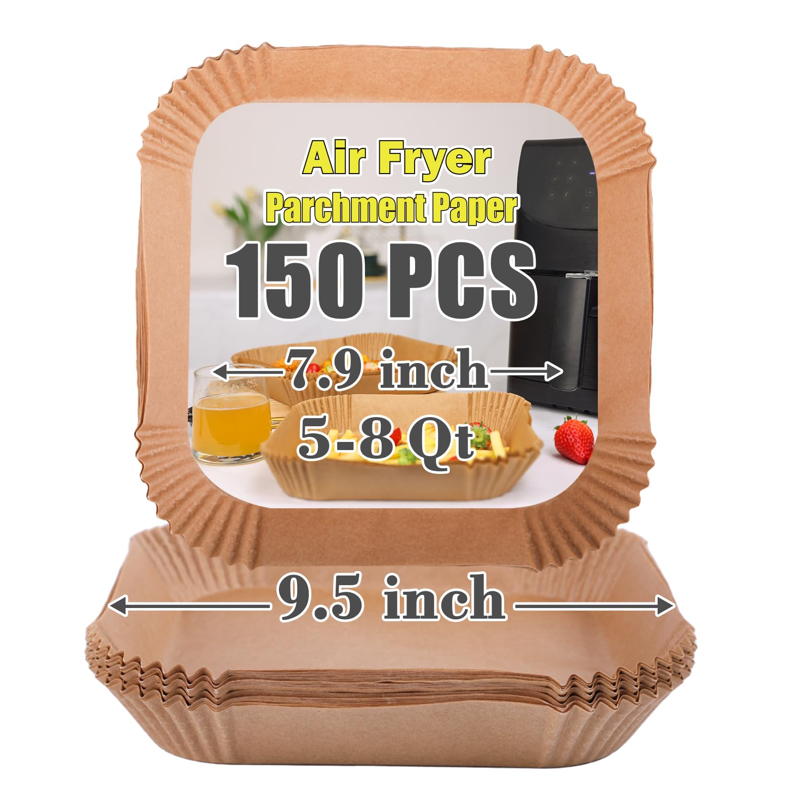 GOAUS Air Fryer Disposable Paper Liner Square Large 150 Pcs for 5 to 8 Qt Basket, 7.9 inch Unbleached Non-stick Oil-proof Parchment Paper