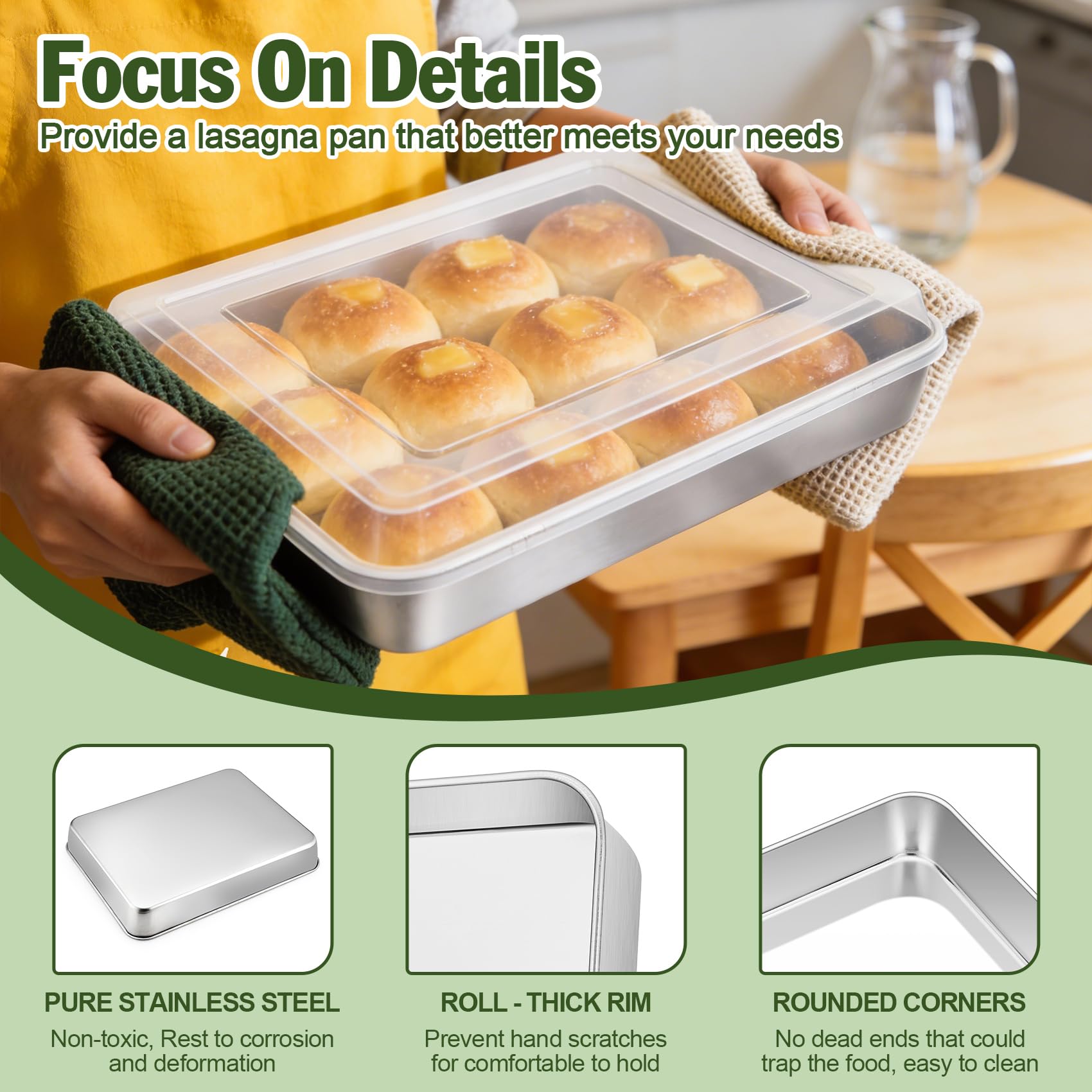 TeamFar Lasagna Pan, 12⅖’’ x 9¾’’ x 1.85’’ Stainless Steel Rectangular Cake Brownie Baking Pan with Lid, Non-Toxic & Heavy Duty, Brush Surface & Deep Side, Dishwasher Safe-2 Pans+2 Lids