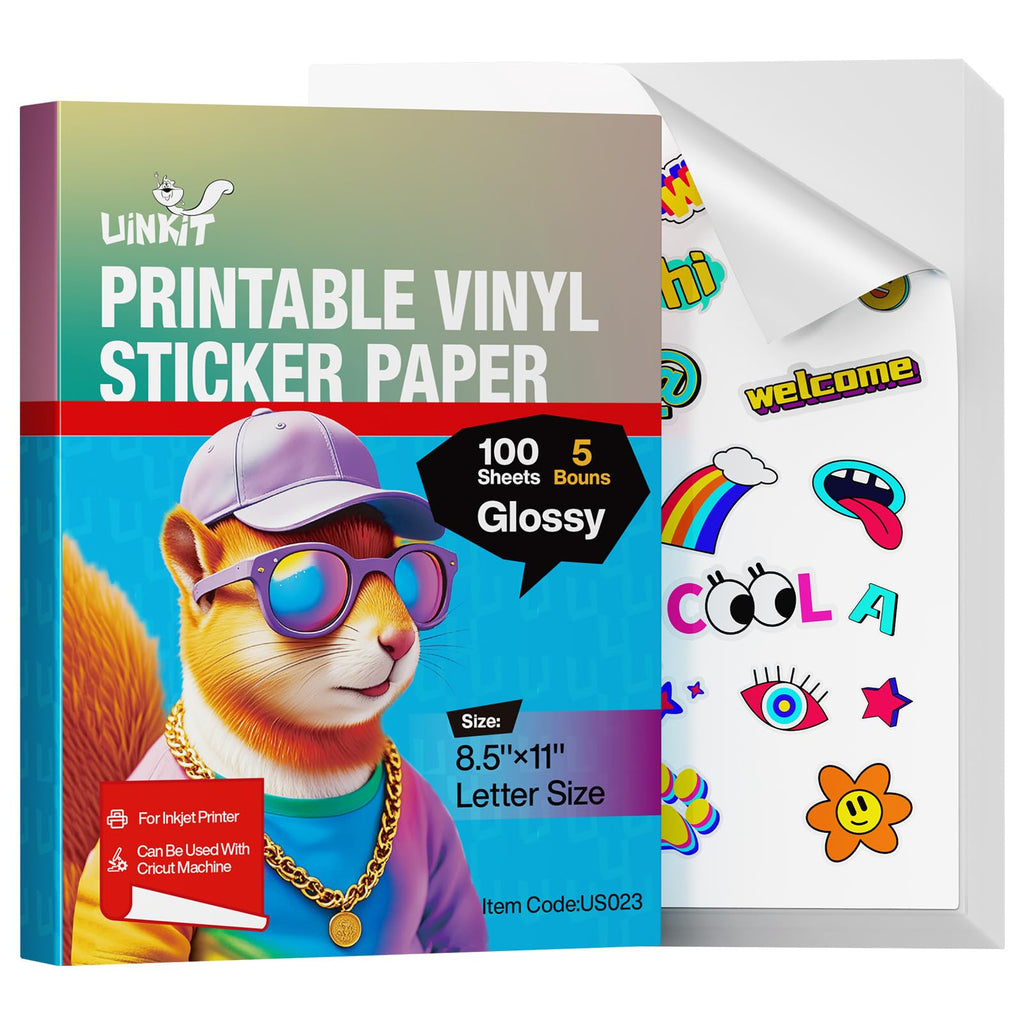 Uinkit 105 Sheets Premium Printable Vinyl Sticker Paper for Inkjet Printer Cricut,included 100Sheets Glossy and 5Sheets Clear Label Waterproof Adhesive Dries Quickly Tear-Resistant, Removable