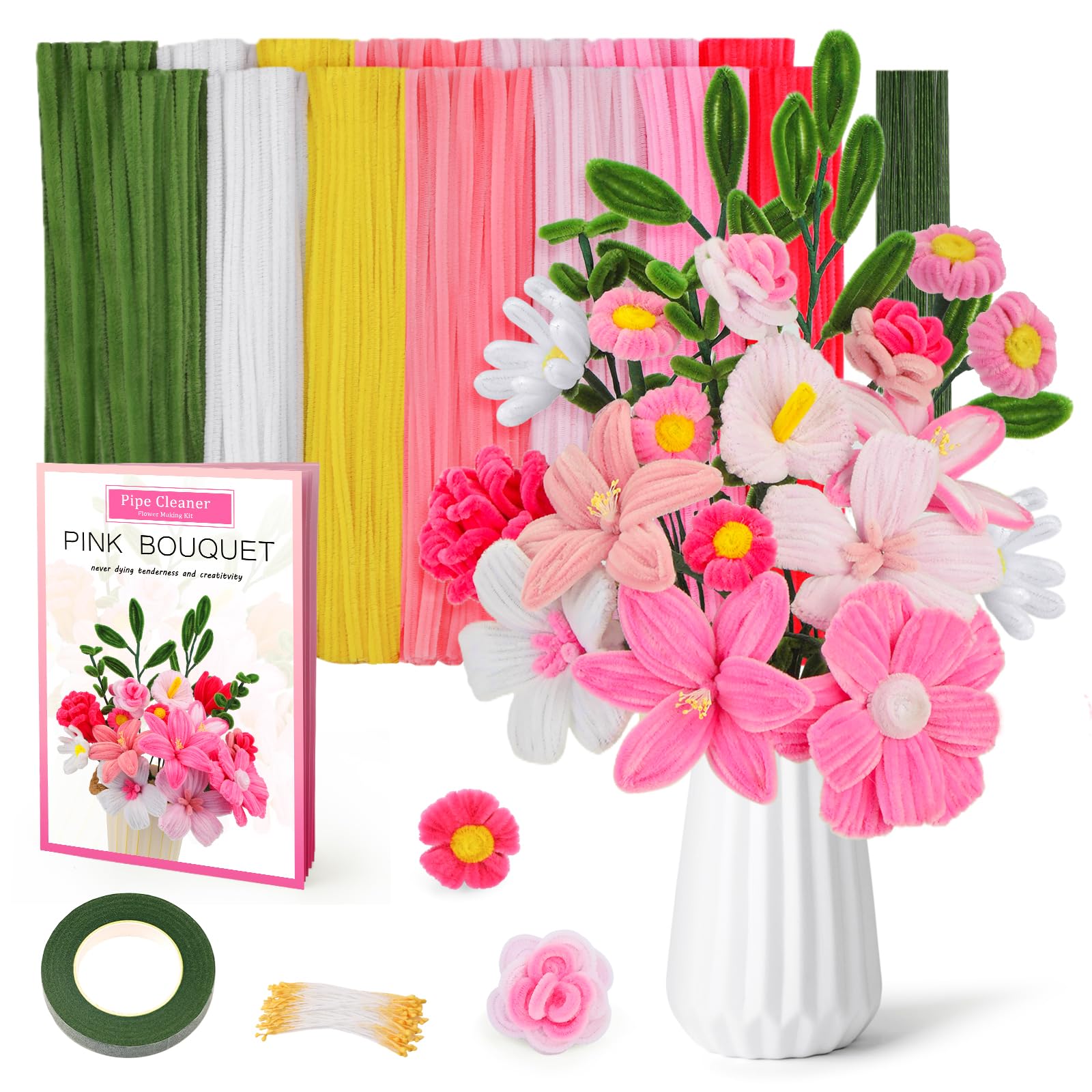 550 Pcs Pink Pipe Cleaner Flower Kit, 7 Colors Chenille Stems Pipe Cleaners Craft, Pipe Cleaner Bulk Flower Making Crafts Kit with Supplies, Instructions for Festival Home Decor