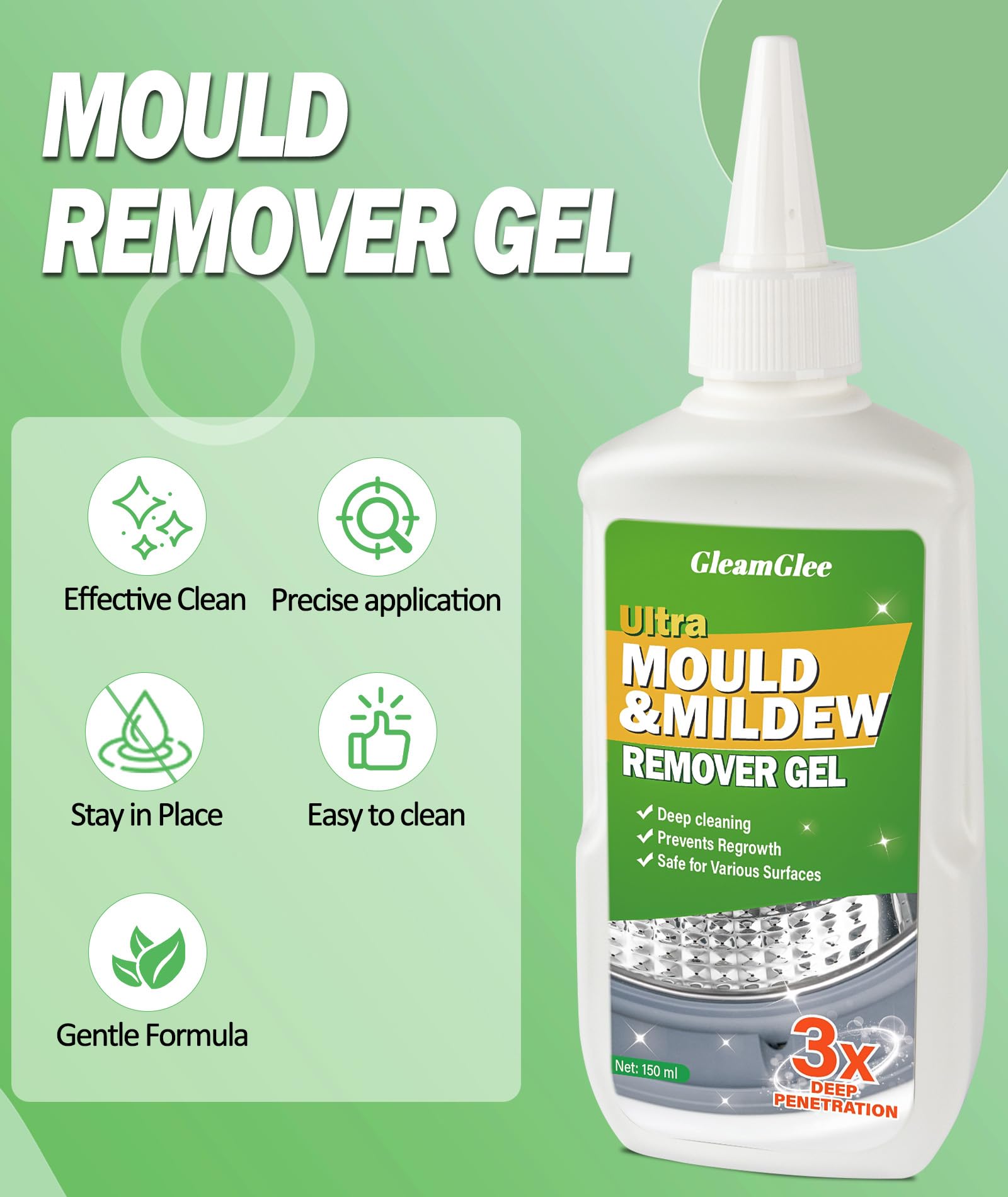 Mould Remover Gel, Powerful Mould Mildew Remover for Washing Machine, Top Load, Front Load, Tub Seal, Grout, Bathroom, Shower, Tiles, Refrigerator Strips, Kitchen Cleaner - (2Pack)