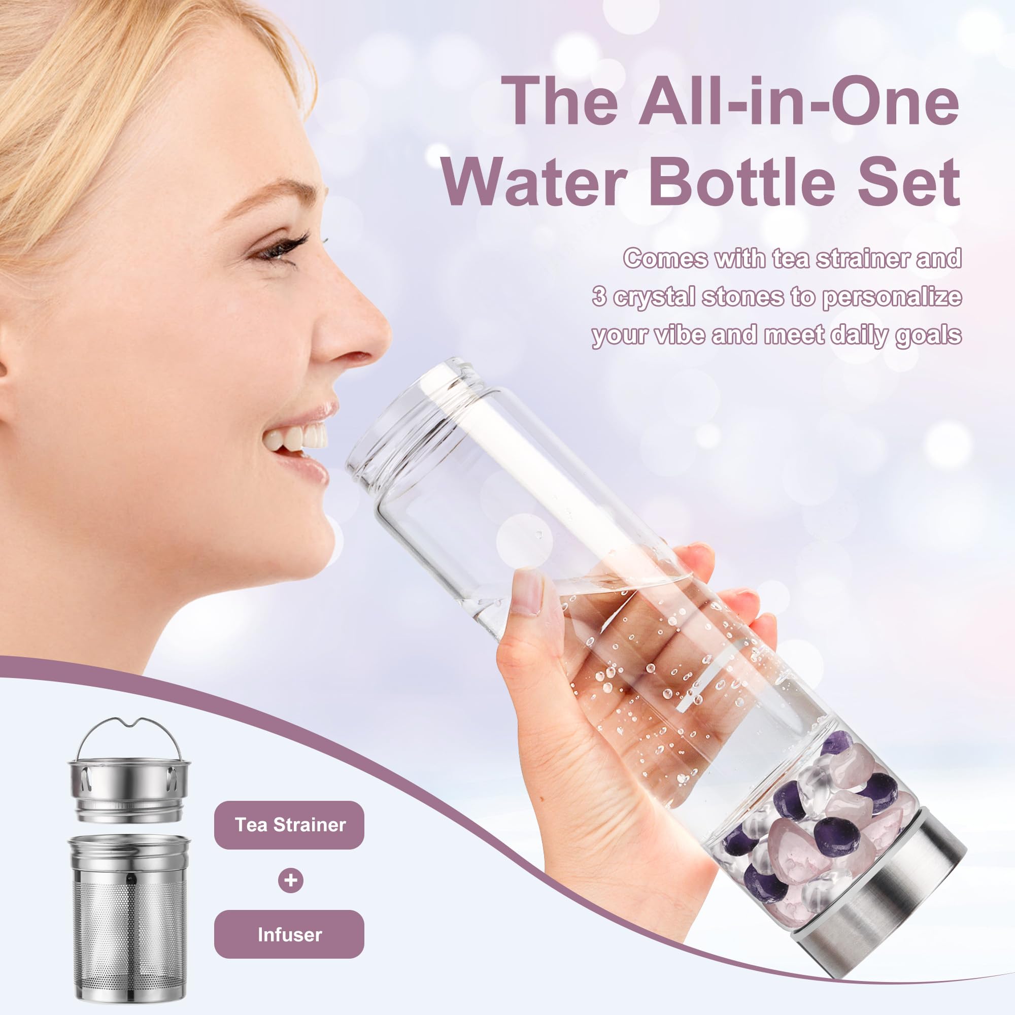 DiDiBirDi 500ml Crystal Water Bottle with Removable Strainer - Includes Amethyst & Rose Quartz Stones, for Tea Lovers