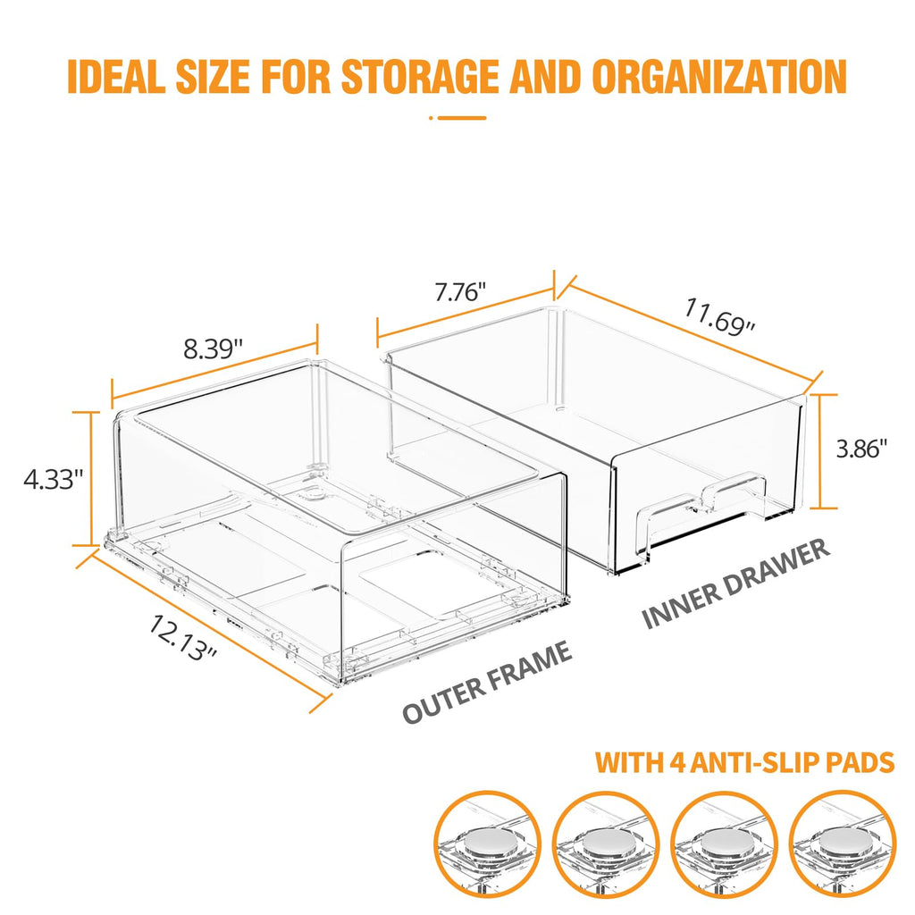 BOICHU 2 Pack Stackable Storage Drawers - Clear Refrigerator Drawers for Refrigerator Organizers and Storage, Acrylic Fridge Drawer Organizer with Handles for Bathroom, Undersink, Cabinet, Pantry, etc