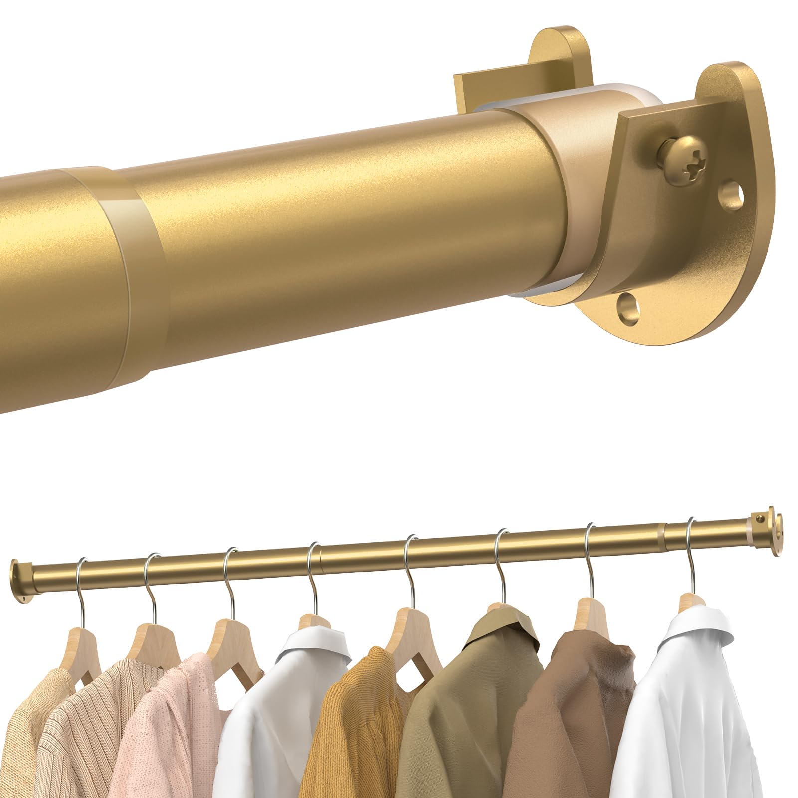 Closet Rods for Hanging Clothes, 17-54 inches Stepless Adjustable Metal Closet Rod, 1.3 Inches Heavy Duty Clothes Hanging Rod for Closet Wardrobes Laundry RV, Golden
