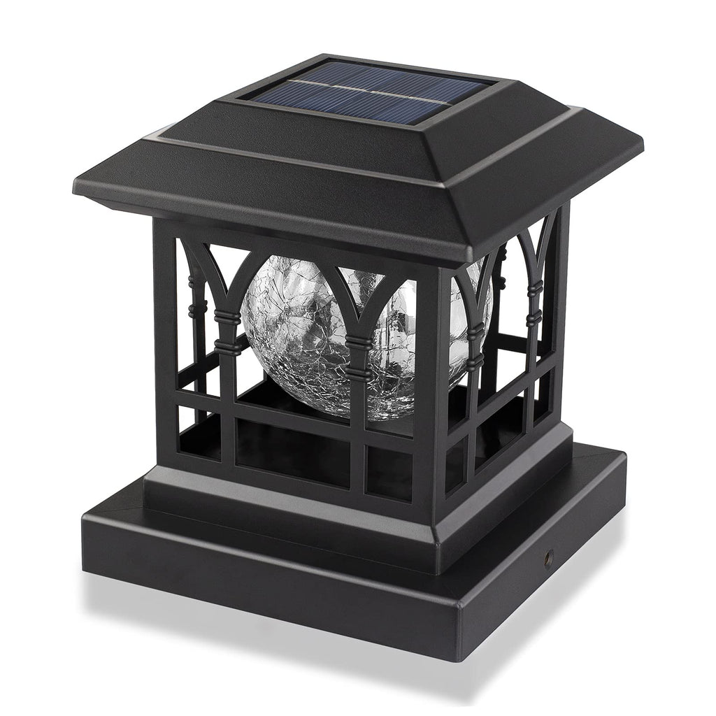 AEFRELEOHT Solar Post Cap Lights, Warm White & RGB Automatic Cycling, Cracked Glass Bulb, 20 Lumens lP65 Waterproof Fit 3.6x3.6 4x4 4.5x4.5 5x5 Wood Fence Post Solar Powered Lights Black (1 Pack)