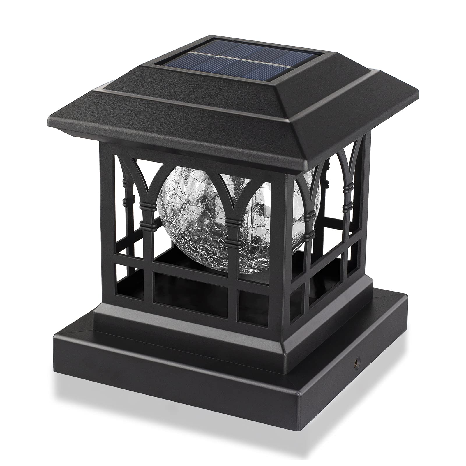 AEFRELEOHT Solar Post Cap Lights, Warm White & RGB Automatic Cycling, Cracked Glass Bulb, 20 Lumens lP65 Waterproof Fit 3.6x3.6 4x4 4.5x4.5 5x5 Wood Fence Post Solar Powered Lights Black (1 Pack)
