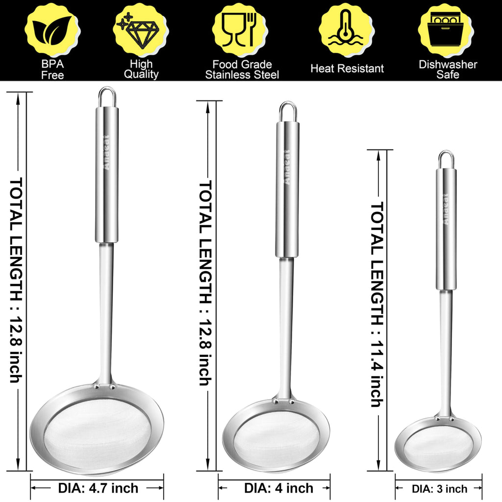 Anaeat Stainless Steel Fat Skimmer Spoon - Set of 3 Professional Kitchen Fine Mesh Food Strainer and Hot Pot Skimmer with Long Handle for Skimming, Cooking, Frying, Grease, Gravy and Foam (3"+4"+4.7")