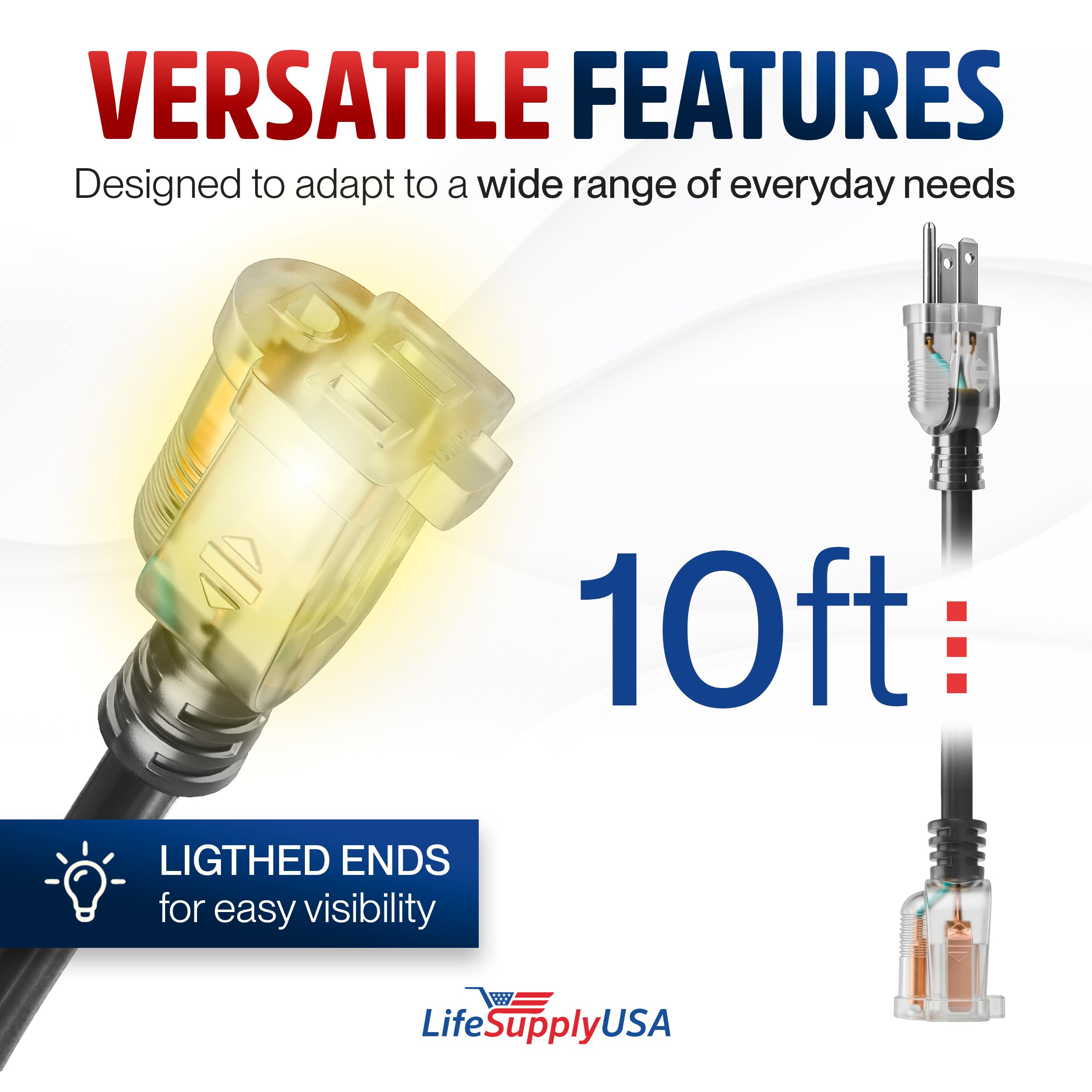 10ft Outdoor/Indoor Extension Cord 12/3 Gauge Extra Heavy Duty 3 Prong SJTW, Waterproof, Flexible Cold-Resistant Long Power Cord,15A 125V 1875W, Black by LifeSupplyUSA