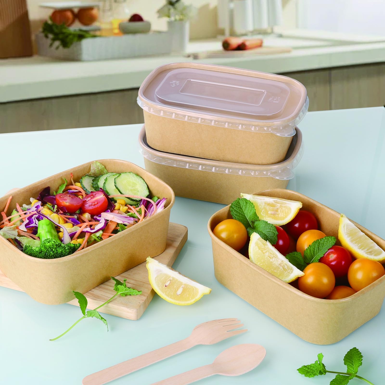 Belinlen 50 Pack 25oz Disposable Kraft Paper Bowls with Lids, Rectangle Paper Food Containers with Lids, Salad Bowls for Hot/Cold Food, Soup, Meal Prep, Ice Cream, Takeout, Party Supplies(750ml)