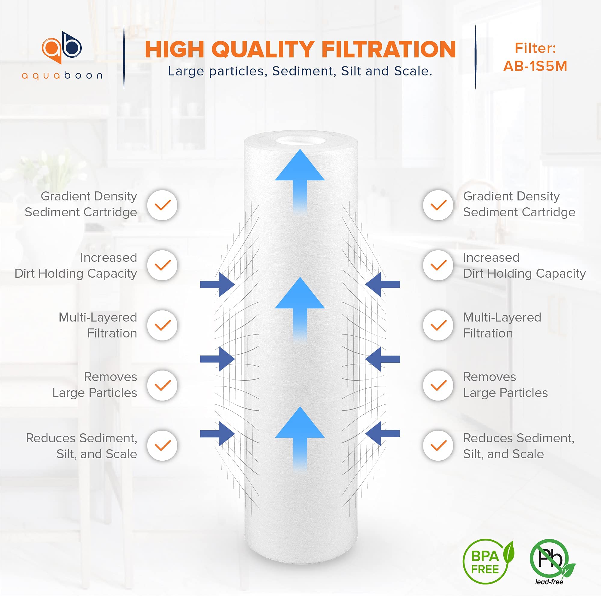 Aquaboon 5 Micron Water Filter 10" x 2.5" PP Universal Sediment Filters for Well Water - Water Filter Replacement Cartridge for Any Standard RO Unit Compatible with Aqua Pure AP110, AP101T (6 Pack)