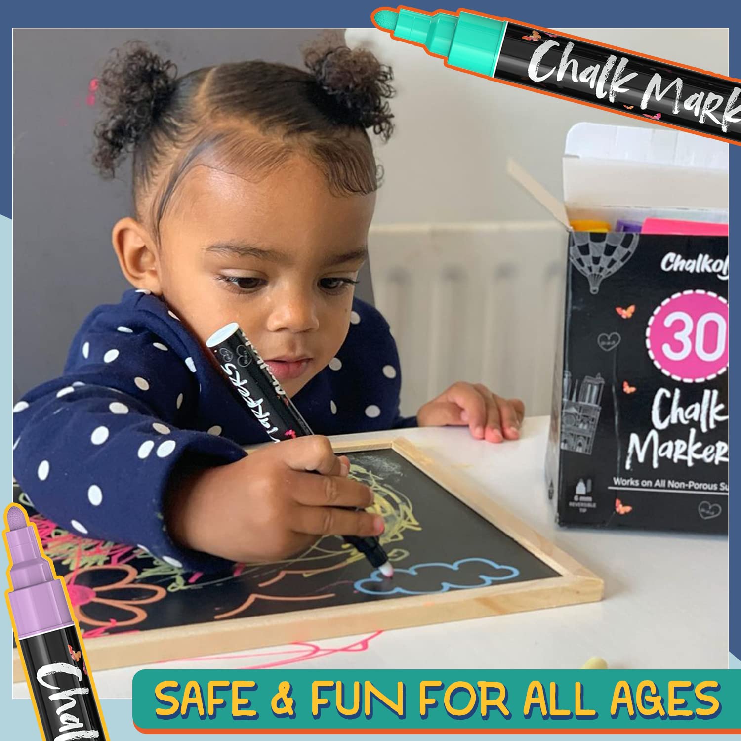 Liquid Chalk Markers (30 Pack 6mm) Pastel + Neon Chalk Pens - Erasable Dry Erase Marker for Chalkboard, Blackboards, Window, Bistro - 6mm Reversible Bullet & Chisel Tip