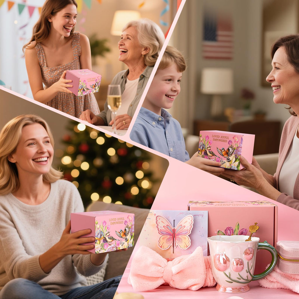 Mothers Day Gifts for Mom, 7Pcs Mom Gifts Set – 18Oz Tulip Embossed Pearlescent Glaze Best Mom Ever Mug, Spoon, Headband, Socks, Jewelry Box, Card, Gift Box – Birthday Gift for Mom from Daughter, Son