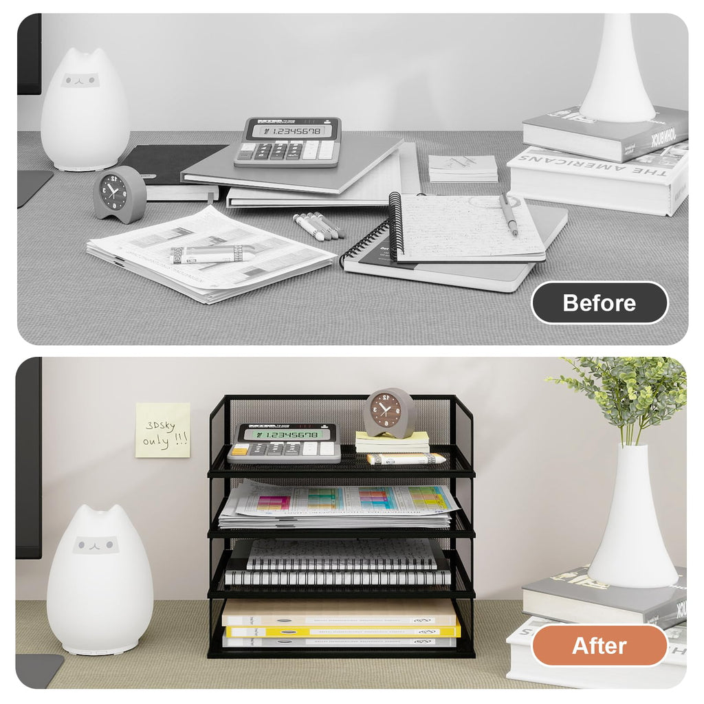 Natwind 4 Tier Stackable Paper Trays for Letter Documents, Desktop File Organizers for Office Supplies, Metal Mesh Desk Organizer，Office Organizer，Letter Trays for Home, Office, School，Black