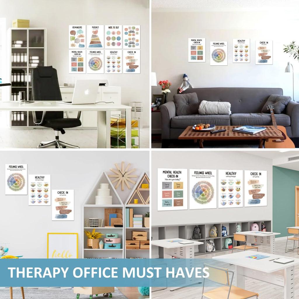 12 PCS Mental Health Posters-Printed Educational Publications Posters School Counselor Office Must Haves, Therapy Office Decor Feelings Wheel Maslows Hierarchy of Needs(10"x14")