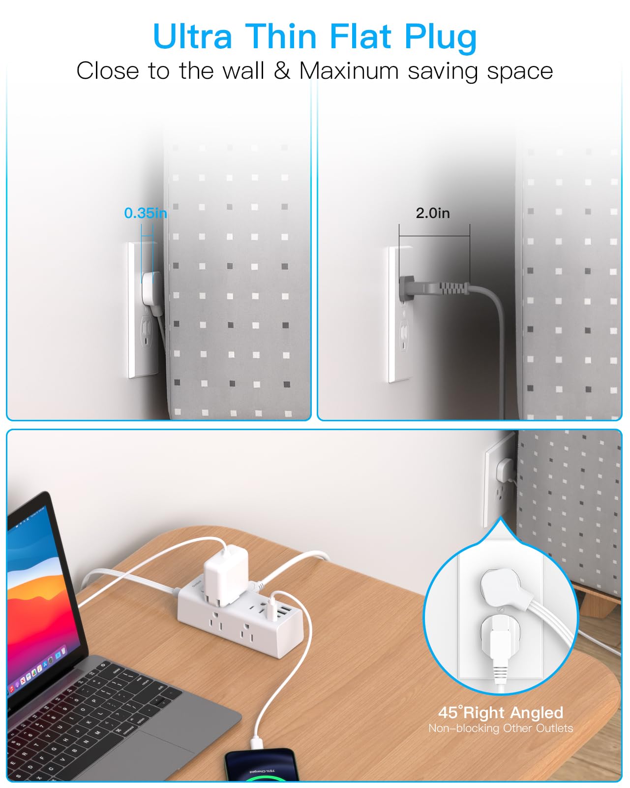 10FT Extension Cord Indoor, Power Bars with Surge Protector, Flat Plug Long Cord 6 Outlet 4 USB Ports (2 USB C) for Home, College, Dorm Room Essentials