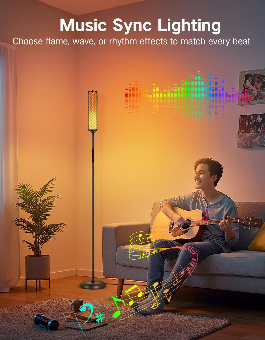 OUTON Bright Smart Floor Lamp with Remote, App & Touch Control, RGB Color Changing Standing Lamp, 2200K-6500K Dimmable, 3 Adjustable Heights, 32 Scenes for Living Room Bedroom Office,Black & Metal