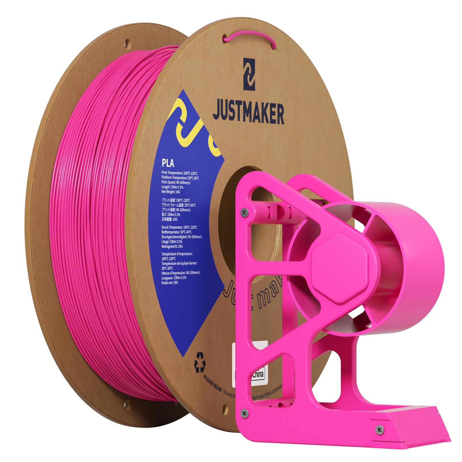 JUSTMAKER PLA 3D Printer Filament, Upgrade Cardboard Spool, Print with Most 3D Printers, Dimensional Accuracy +/-0.03mm, 1.75mm, 1kg， Proccess Magenta