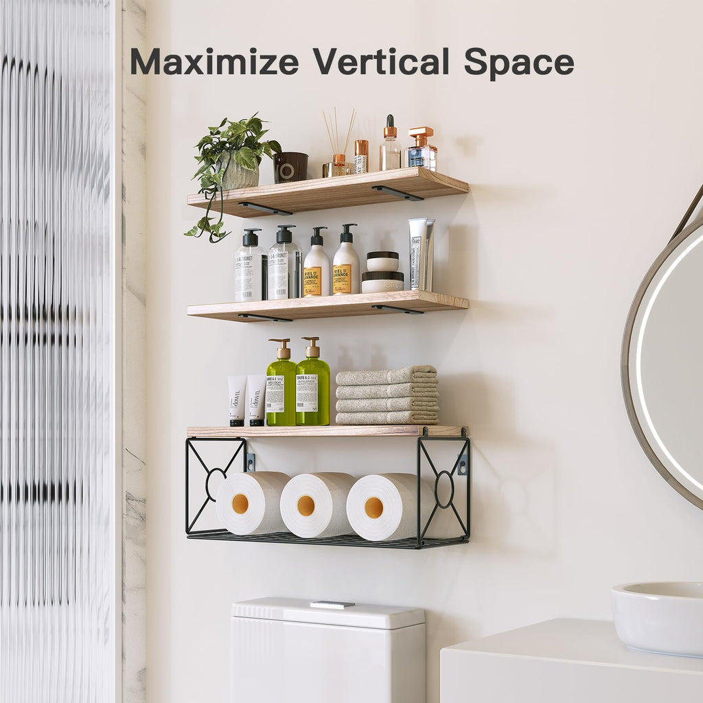 AMADA HOMEFURNISHING Bathroom Shelves with Storage Basket, Floating Shelves for Home Organization & Wall Decor, 3 Set Natural Wood Wall Shelf for Bathroom/Bedroom/Kitchen, Natural Wood