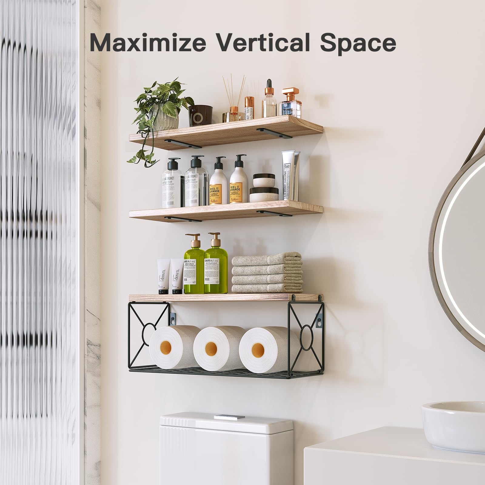 AMADA HOMEFURNISHING Bathroom Shelves with Storage Basket, Floating Shelves for Home Organization & Wall Decor, 3 Set Natural Wood Wall Shelf for Bathroom/Bedroom/Kitchen, Natural Wood