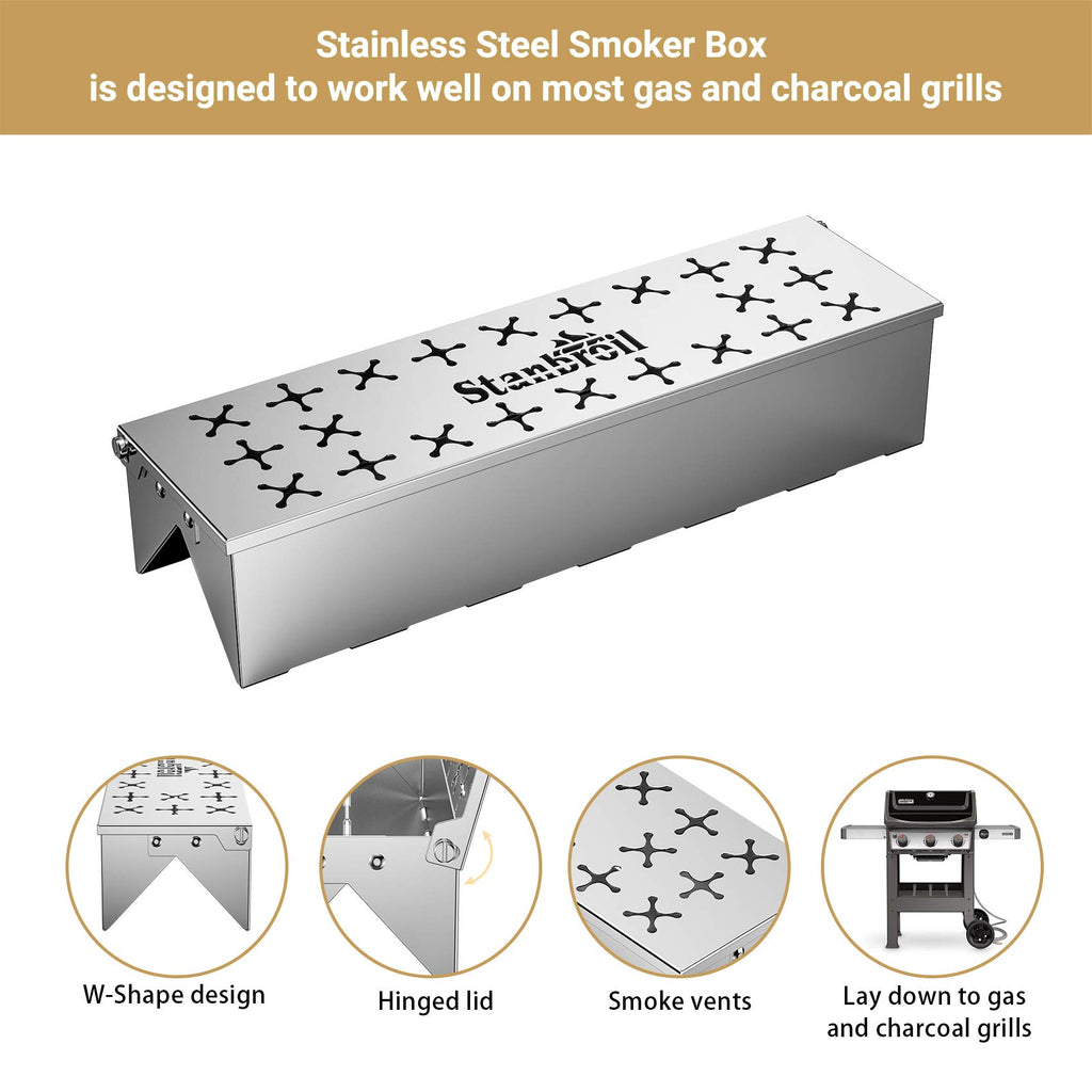 Stanbroil Stainless Steel Smoker Box, Wood Chip Smoker Box with Unique W-Shape Design on Bottom for Gas and Charcoal Grill