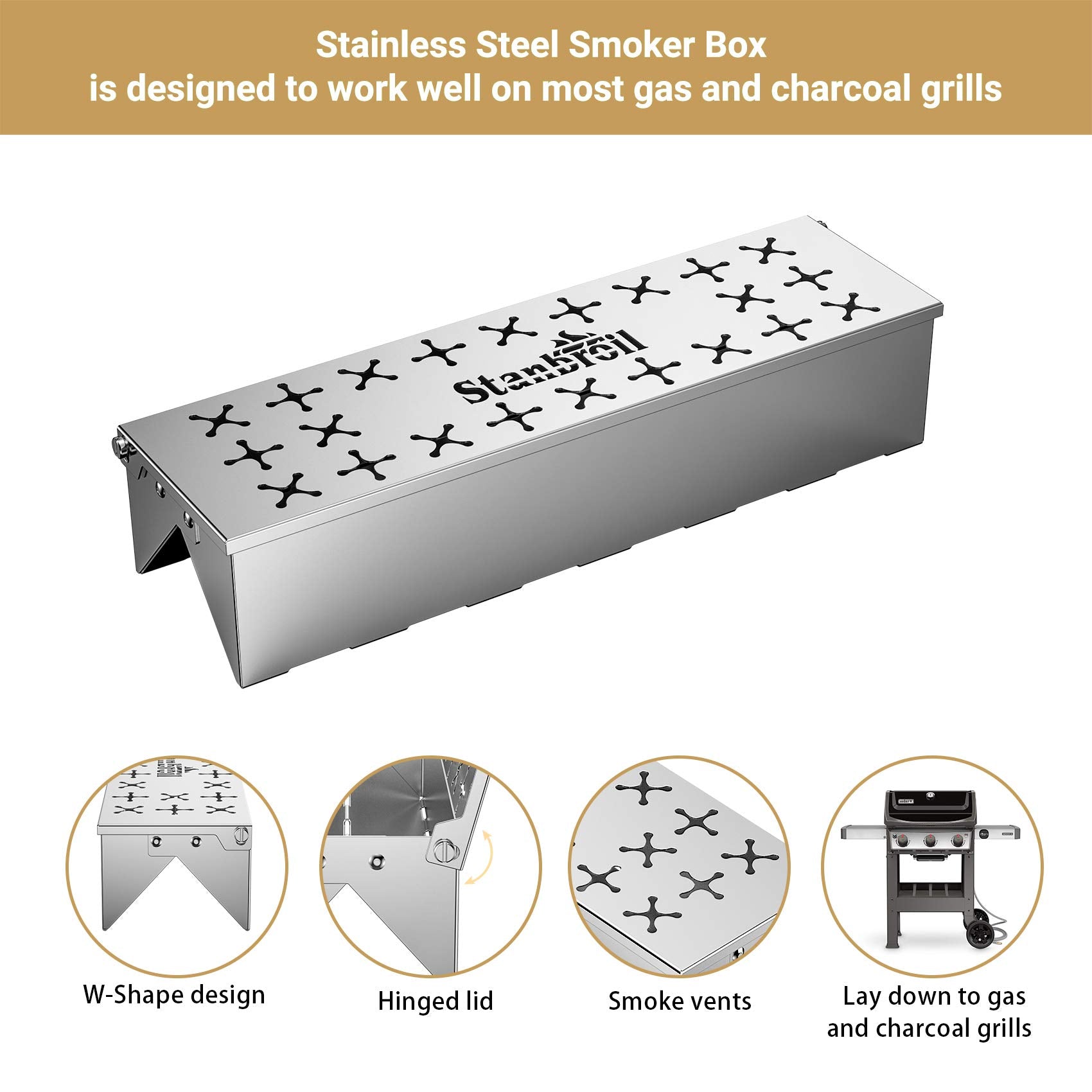 Stanbroil Stainless Steel Smoker Box, Wood Chip Smoker Box with Unique W-Shape Design on Bottom for Gas and Charcoal Grill
